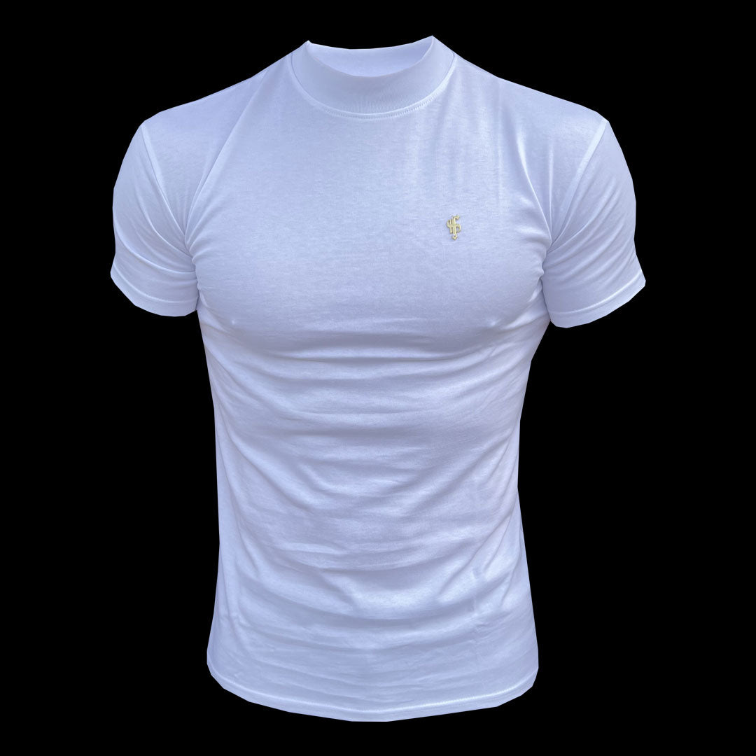 Ribbed High Neck Crew Short Sleeve White / Gold  - FSH1006