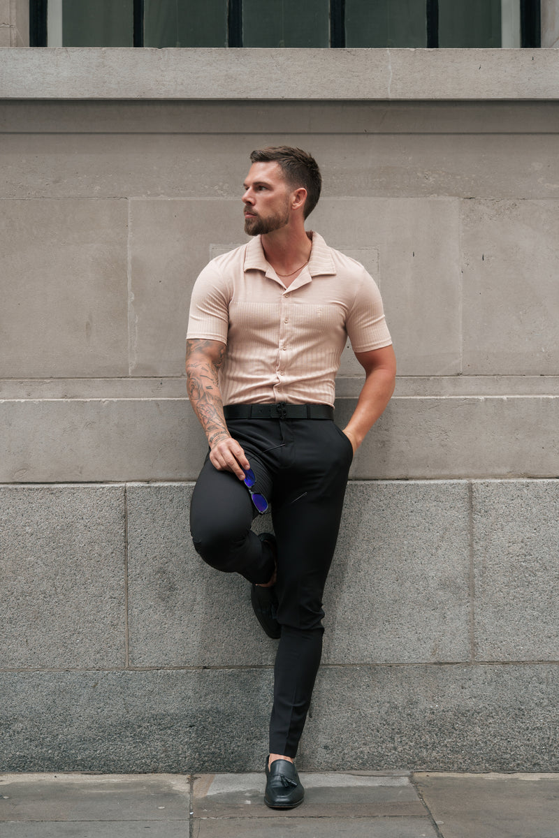 Father Sons Jersey Revere Vertical Stripe Beige Shirt Short Sleeve - FSR026