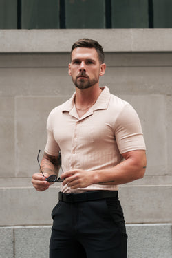 Father Sons Jersey Revere Vertical Stripe Beige Shirt Short Sleeve - FSR026