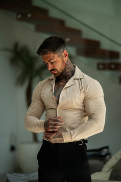 Father Sons Stretch Beige Pique Revere Shirt Long Sleeve - FSH1209 (PRE ORDER 16TH MAY)