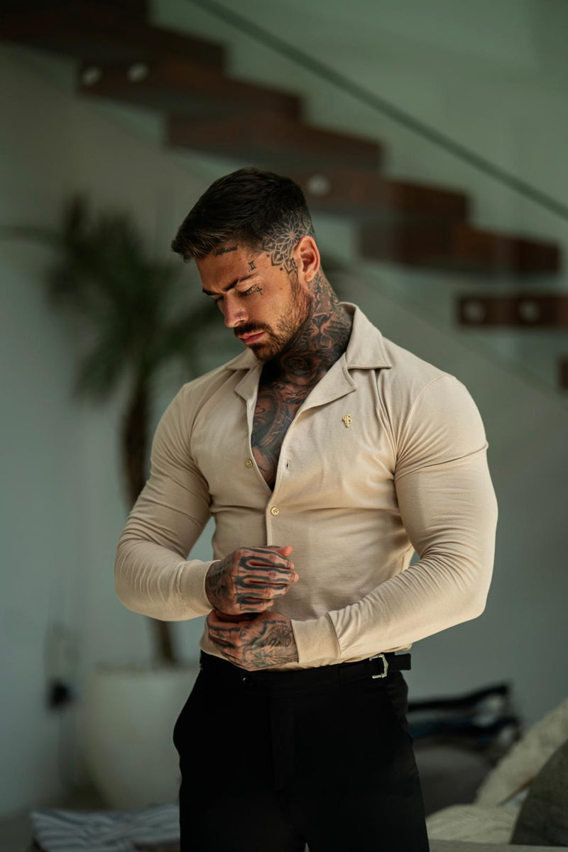 Father Sons Stretch Beige Pique Revere Shirt Long Sleeve - FSH1209 (PRE ORDER 16TH MAY)