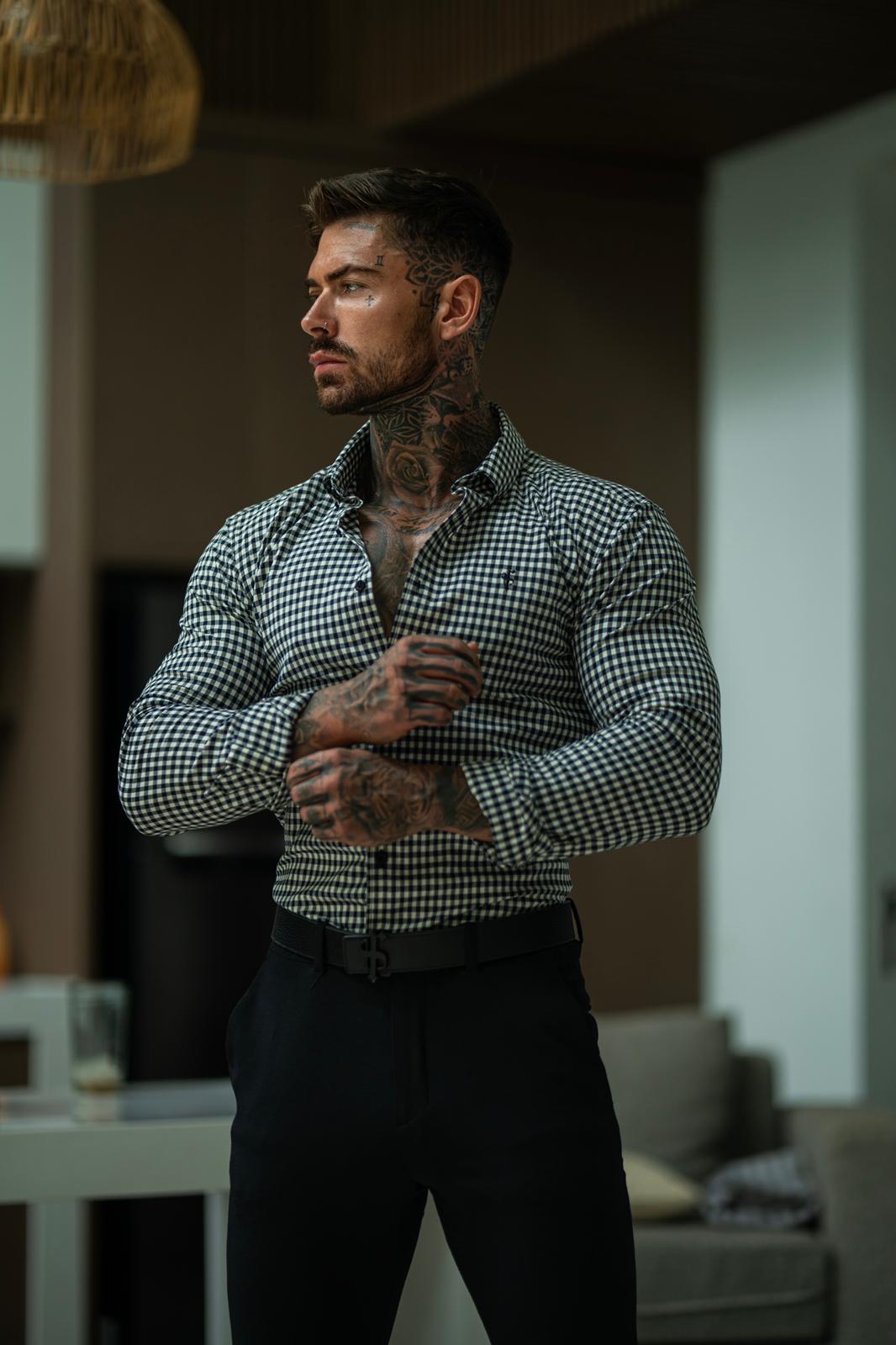 Super Slim Stretch White / Black Check Long Sleeve with Button Down Collar - FS1069