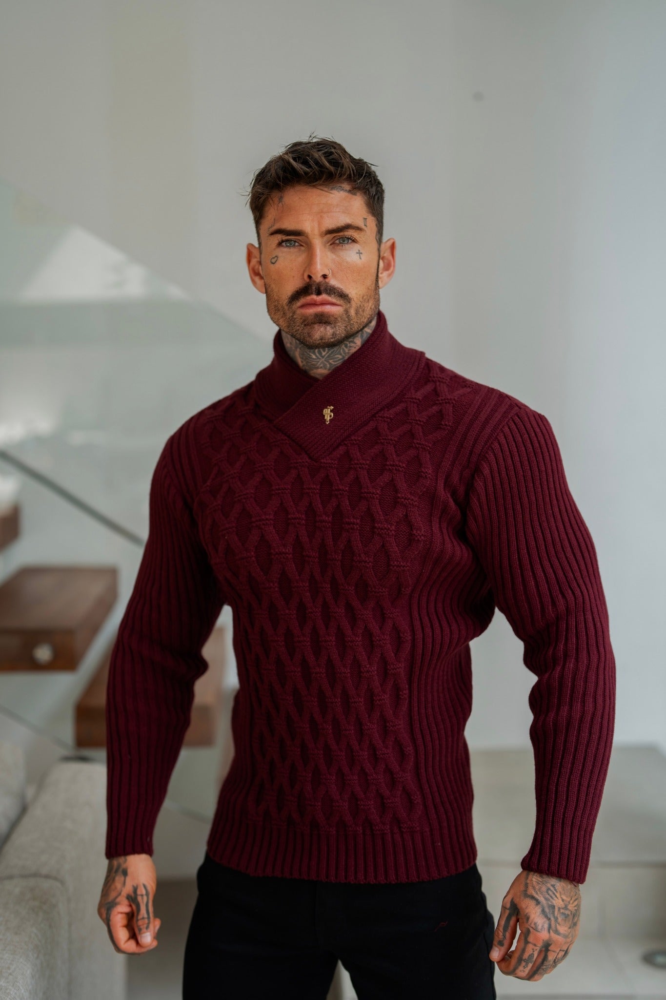 Father Sons Chunky Cable Knit Burgundy Sweater - FSJ066