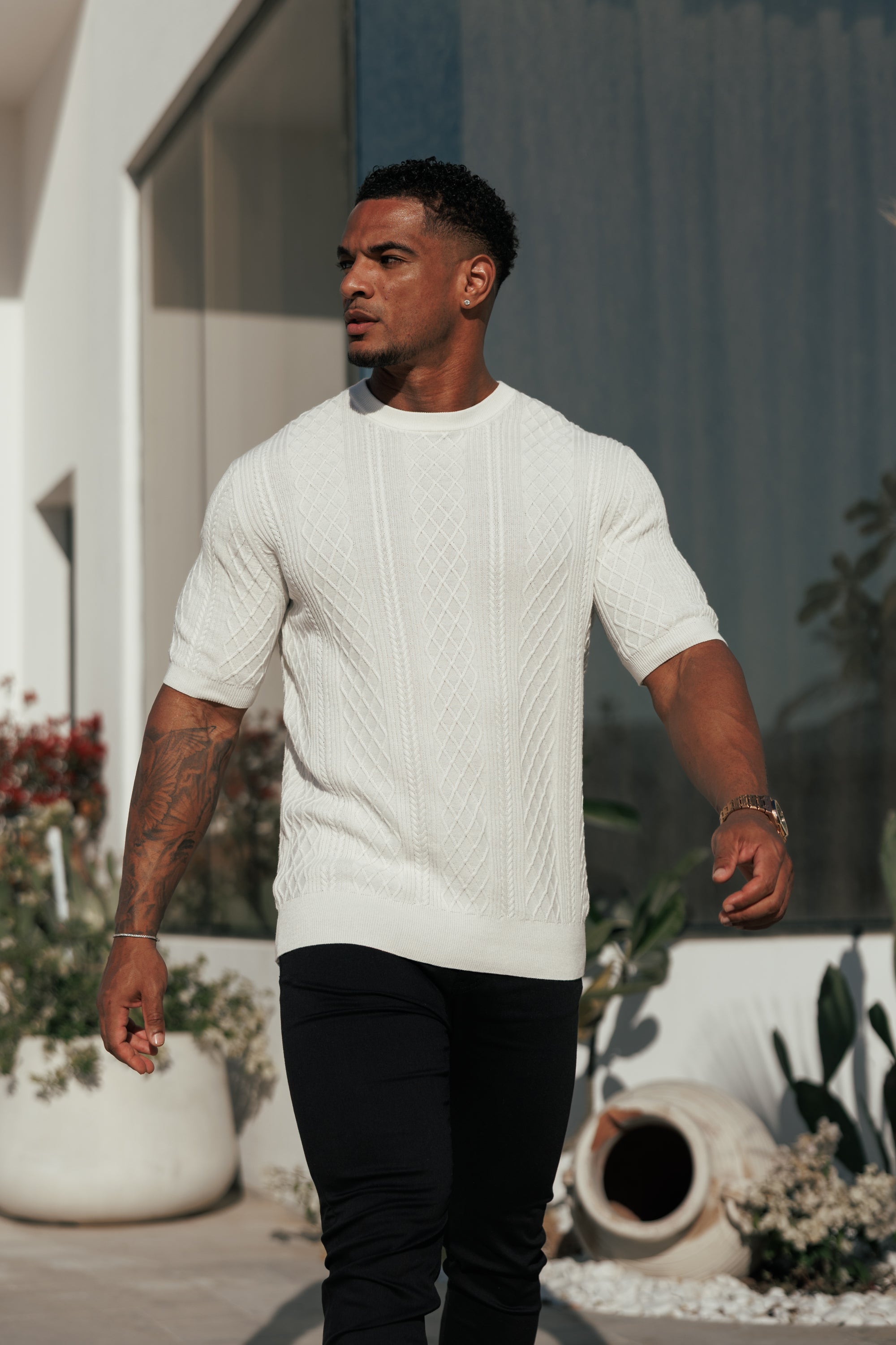 Fine Knit Diamond Off White Jumper Short Sleeve  -  FSA009
