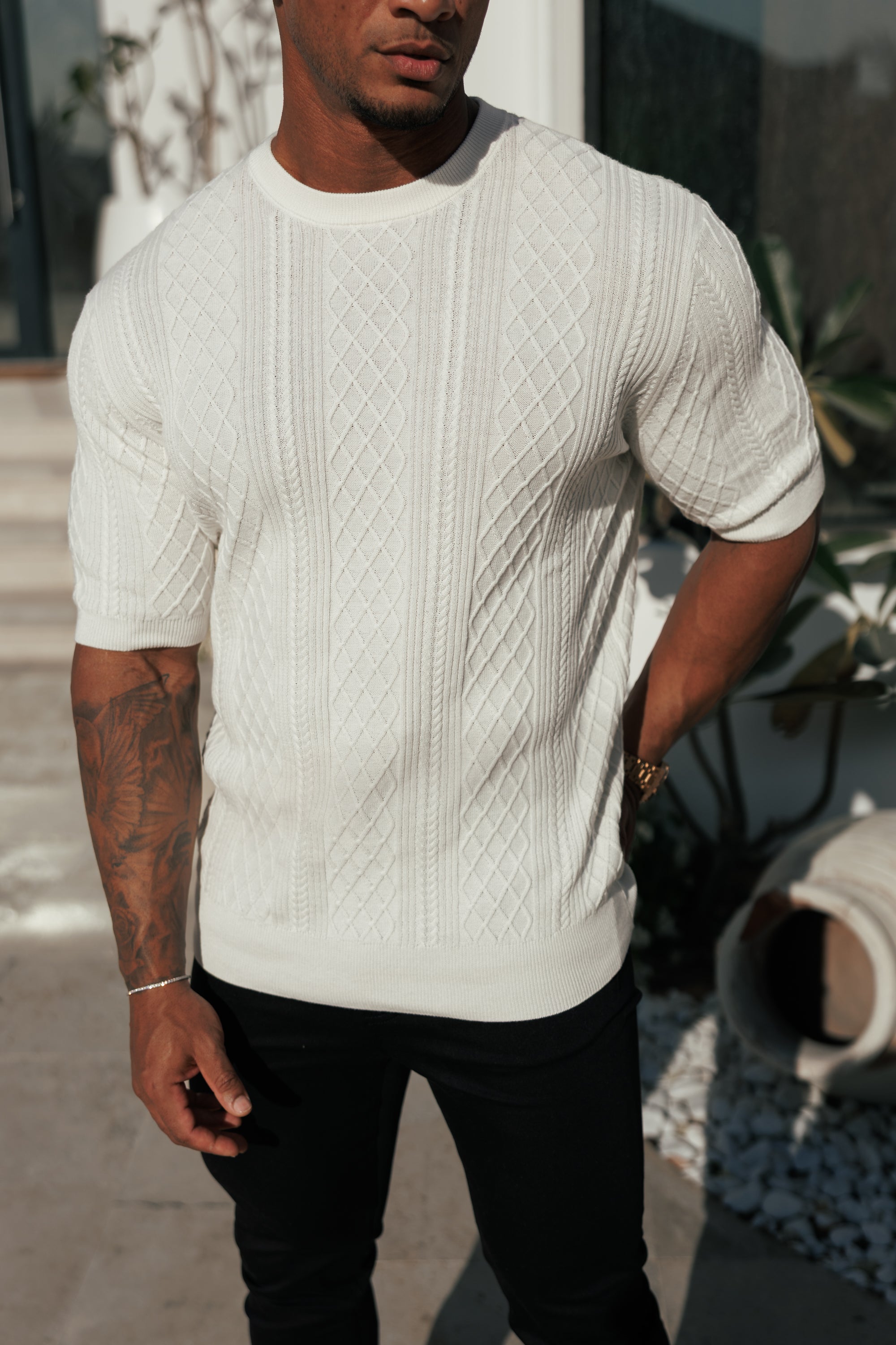 Fine Knit Diamond Off White Jumper Short Sleeve  -  FSA009