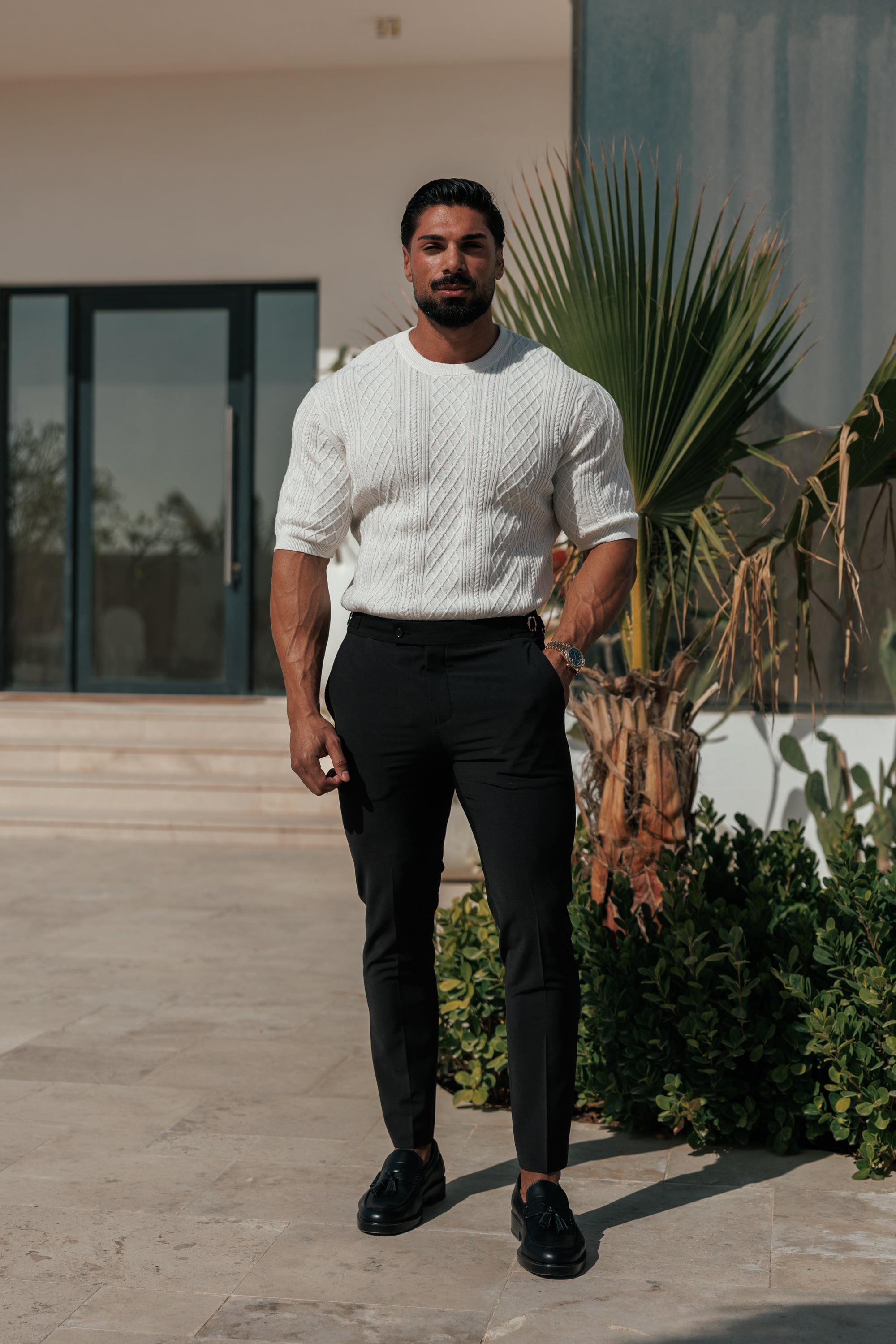 Fine Knit Diamond Off White Jumper Short Sleeve  -  FSA009