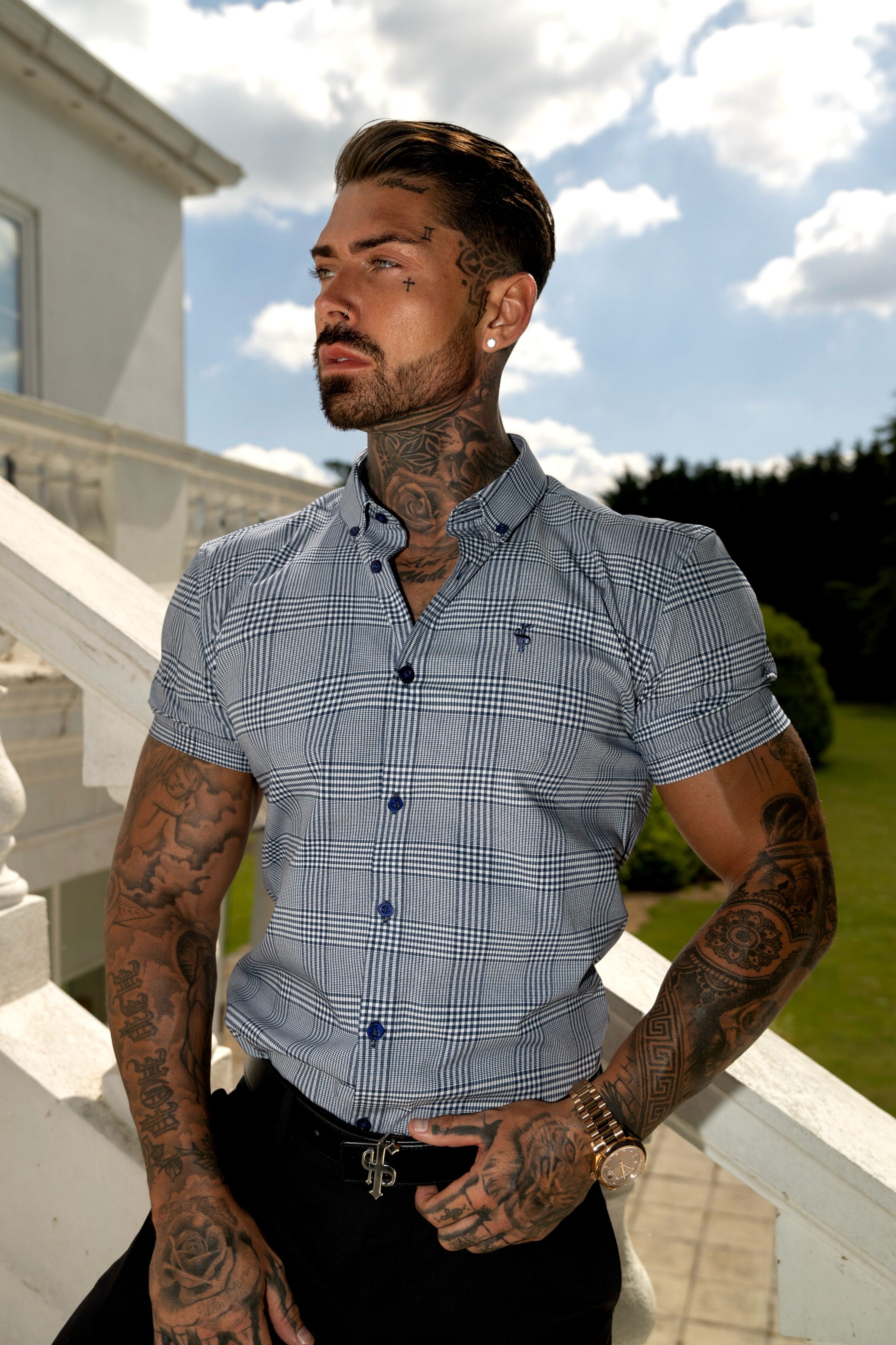 Super Slim Stretch Navy and White Printed Check Short Sleeve - FS1049