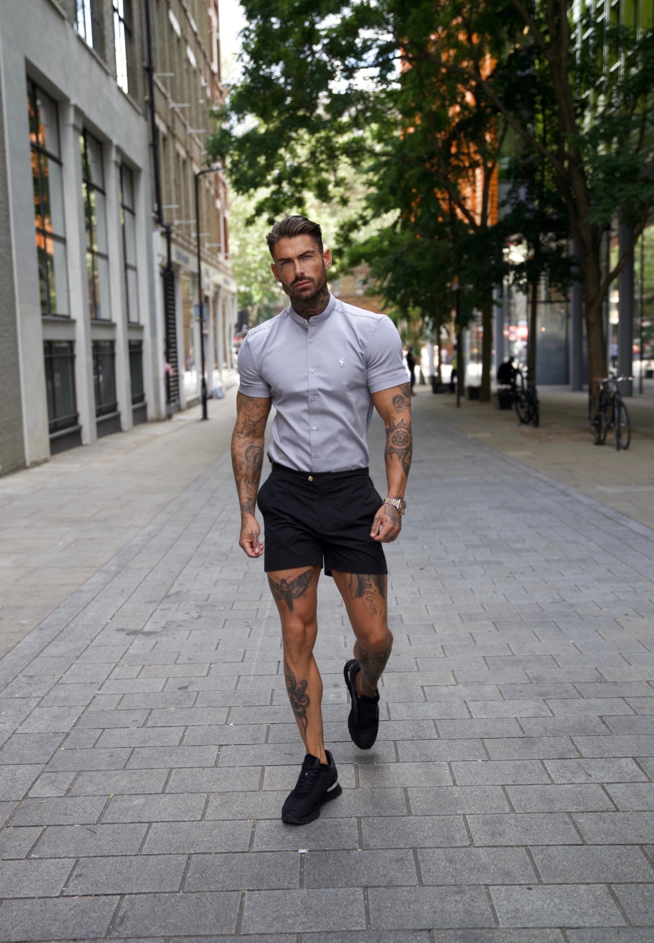 Super Slim Stretch Grey Denim Short Sleeve With Grandad Collar and Silver Metal Buttons and Decal  - FS963