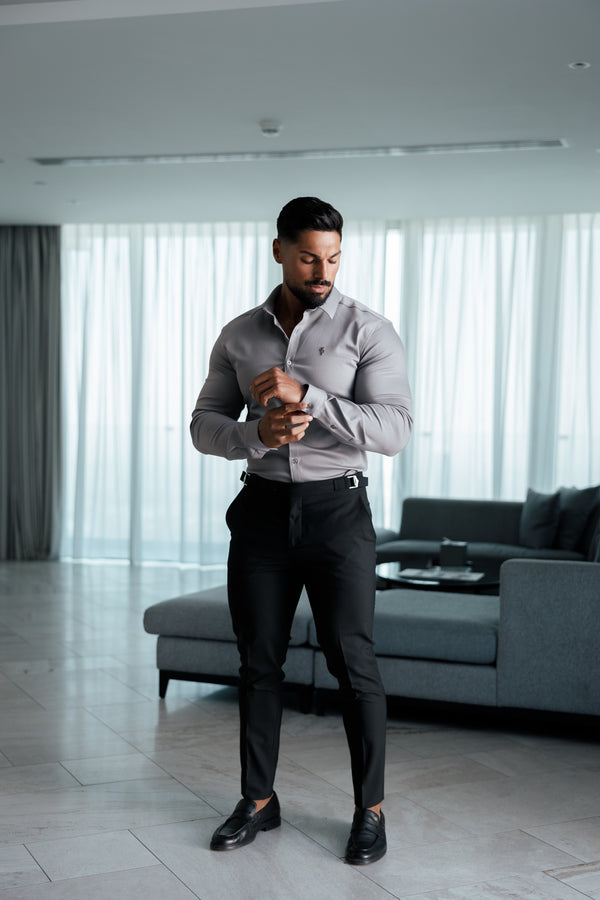 Father Sons Slim Formal Black Stretch Pants With Silver Waist Adjusters - FST035