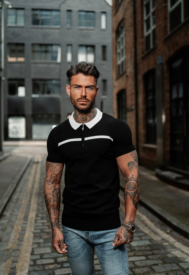 Father Sons Classic Black / White Horizontal Stripe Zipped Polo Short Sleeve - FSN038