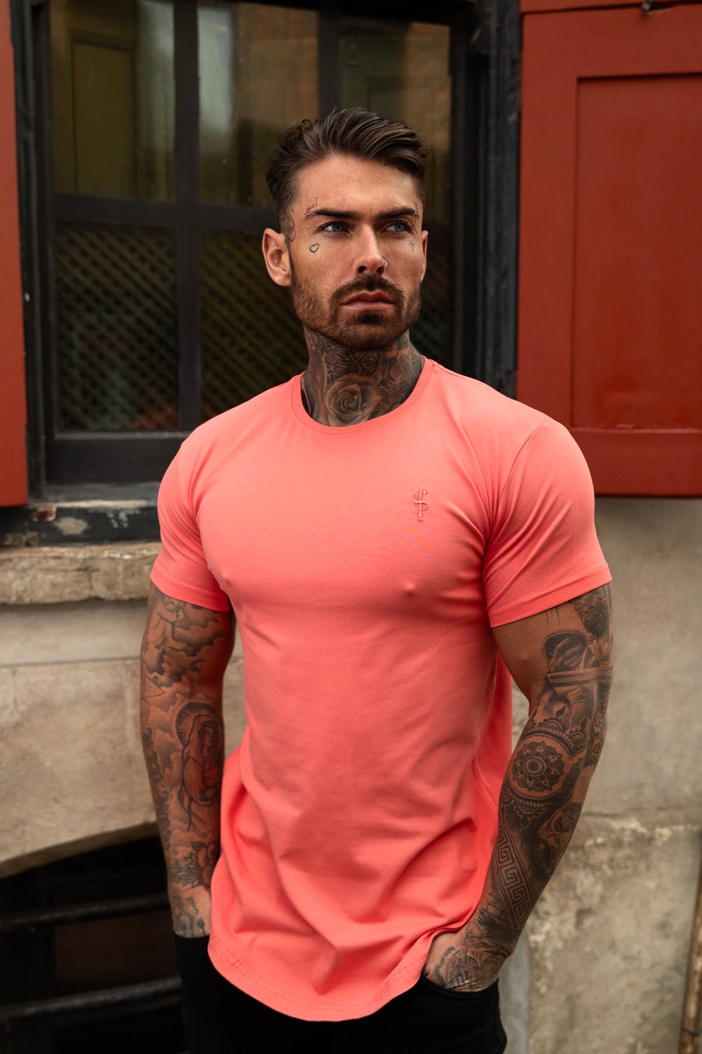 Classic Coral Tonal Curved Hem Crew T Shirt - FSH991