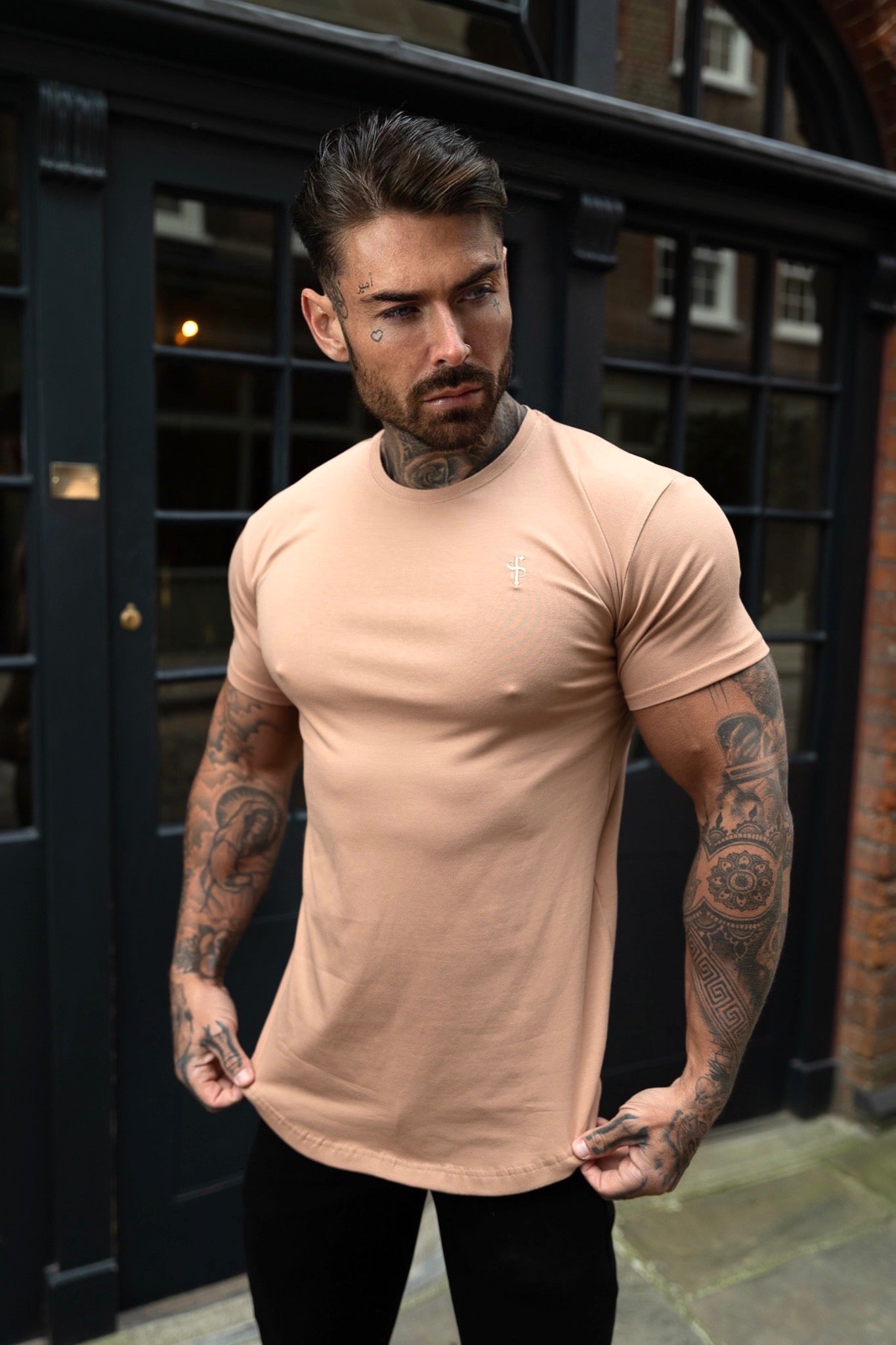 Classic Coffee Tonal Curved Hem Crew T Shirt - FSH992