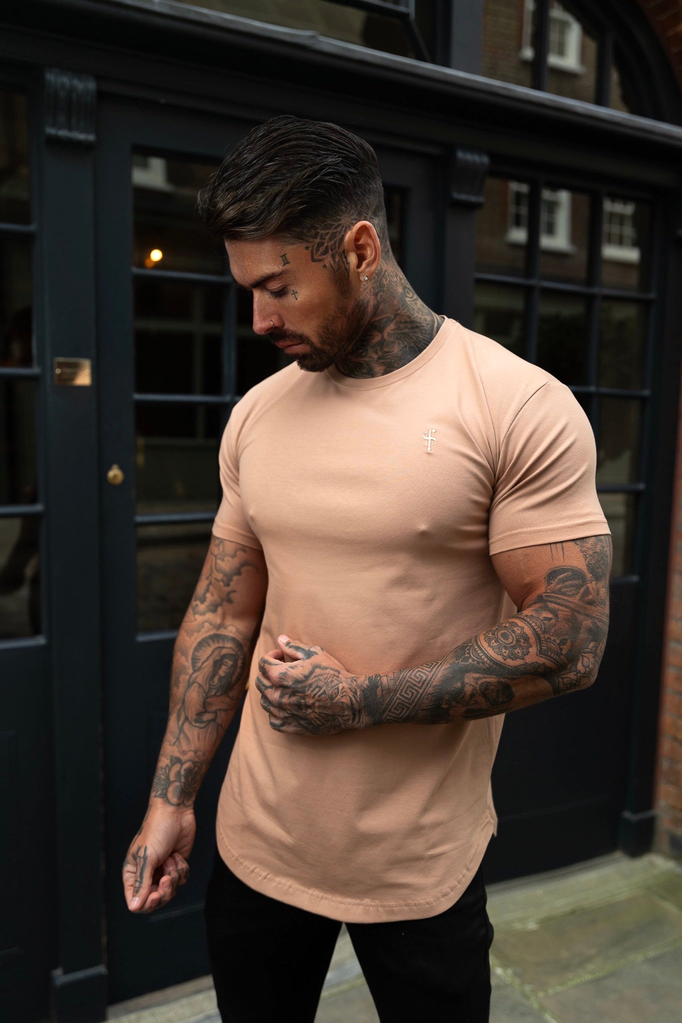 Classic Coffee Tonal Curved Hem Crew T Shirt - FSH992