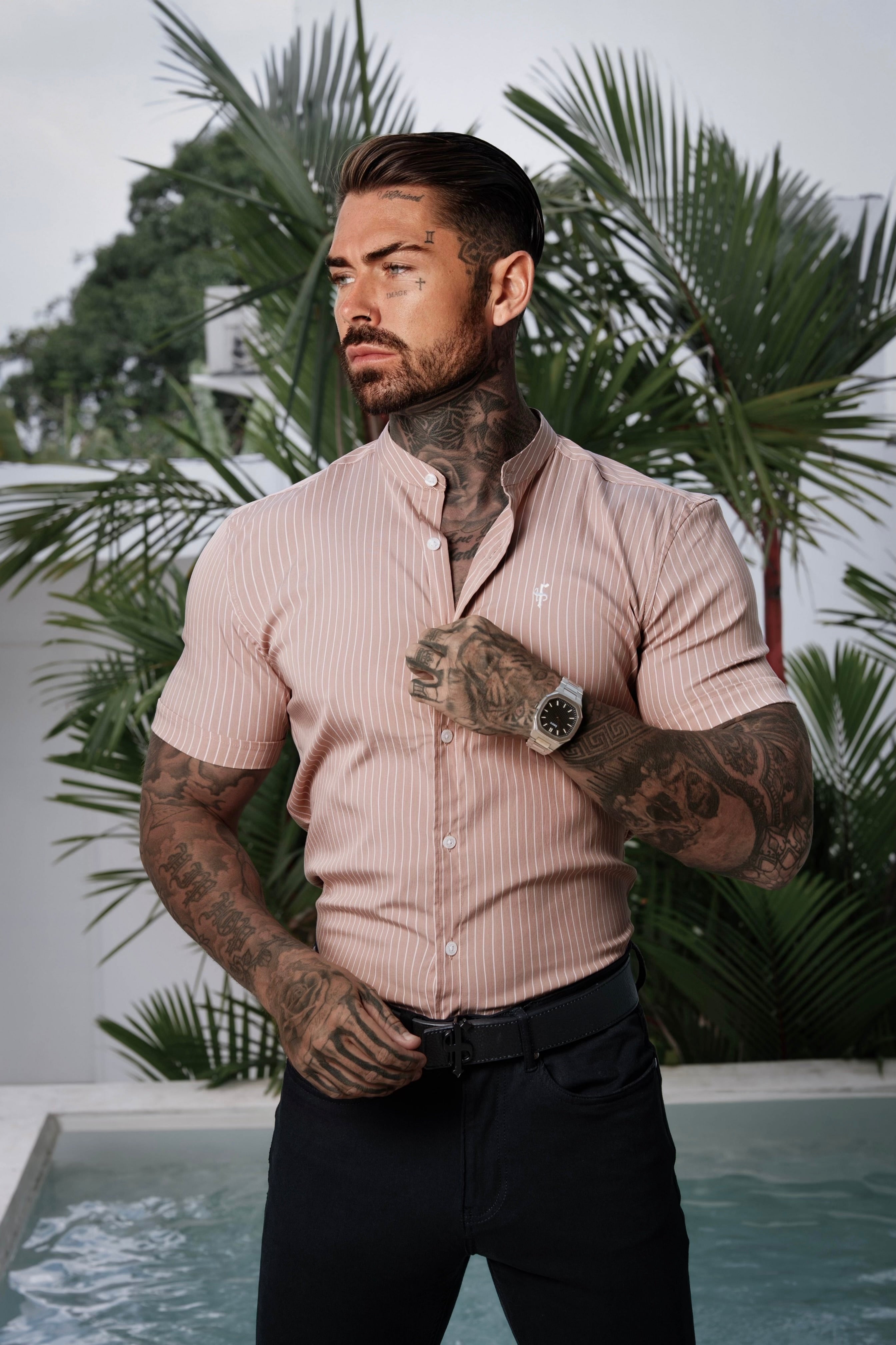 Super Slim Stretch Taupe Printed Pinstripe Short Sleeve with Grandad Collar - FS1058