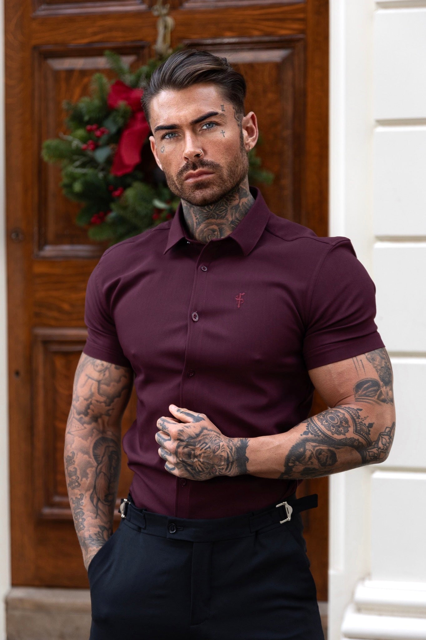 Super Slim Scuba Burgundy Short Sleeve Stretch - FS1028
