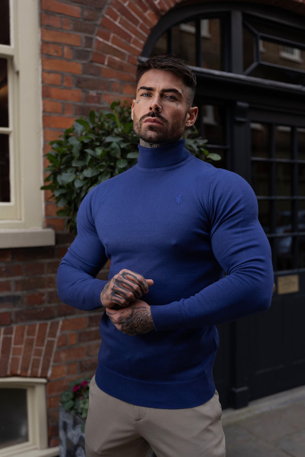 Father Sons Classic Ocean Blue Roll Neck Knitted Sweater With Tonal Emblem - FSN136