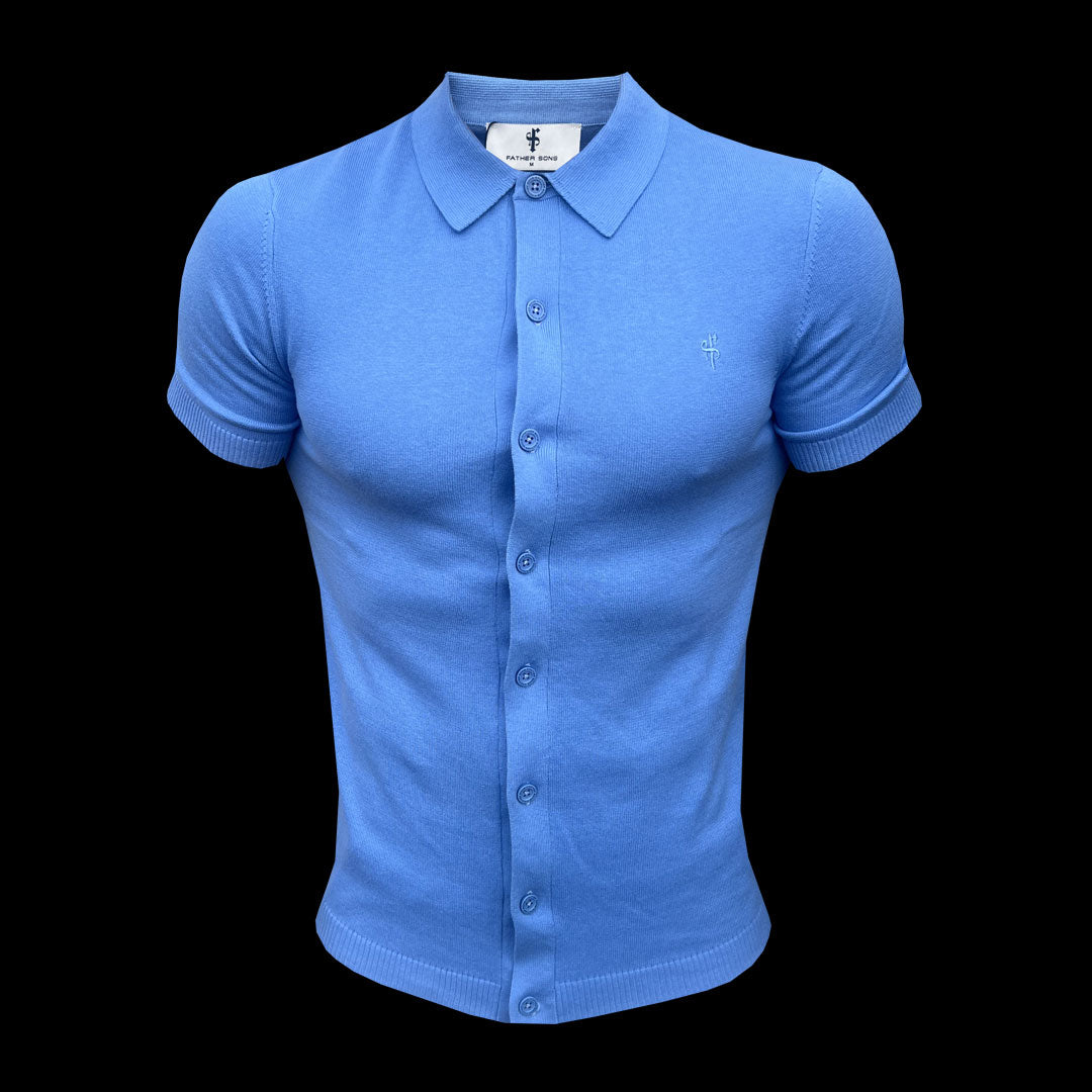 Classic Plain Light Blue Knitted Button Through Polo Short Sleeve - FSN161