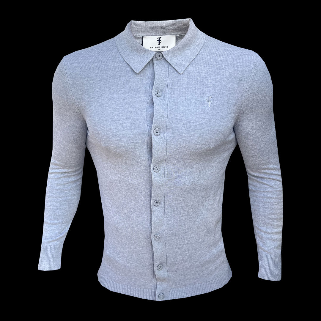 Classic Plain Light Grey Knitted Button Through Polo Long Sleeve - FSN167