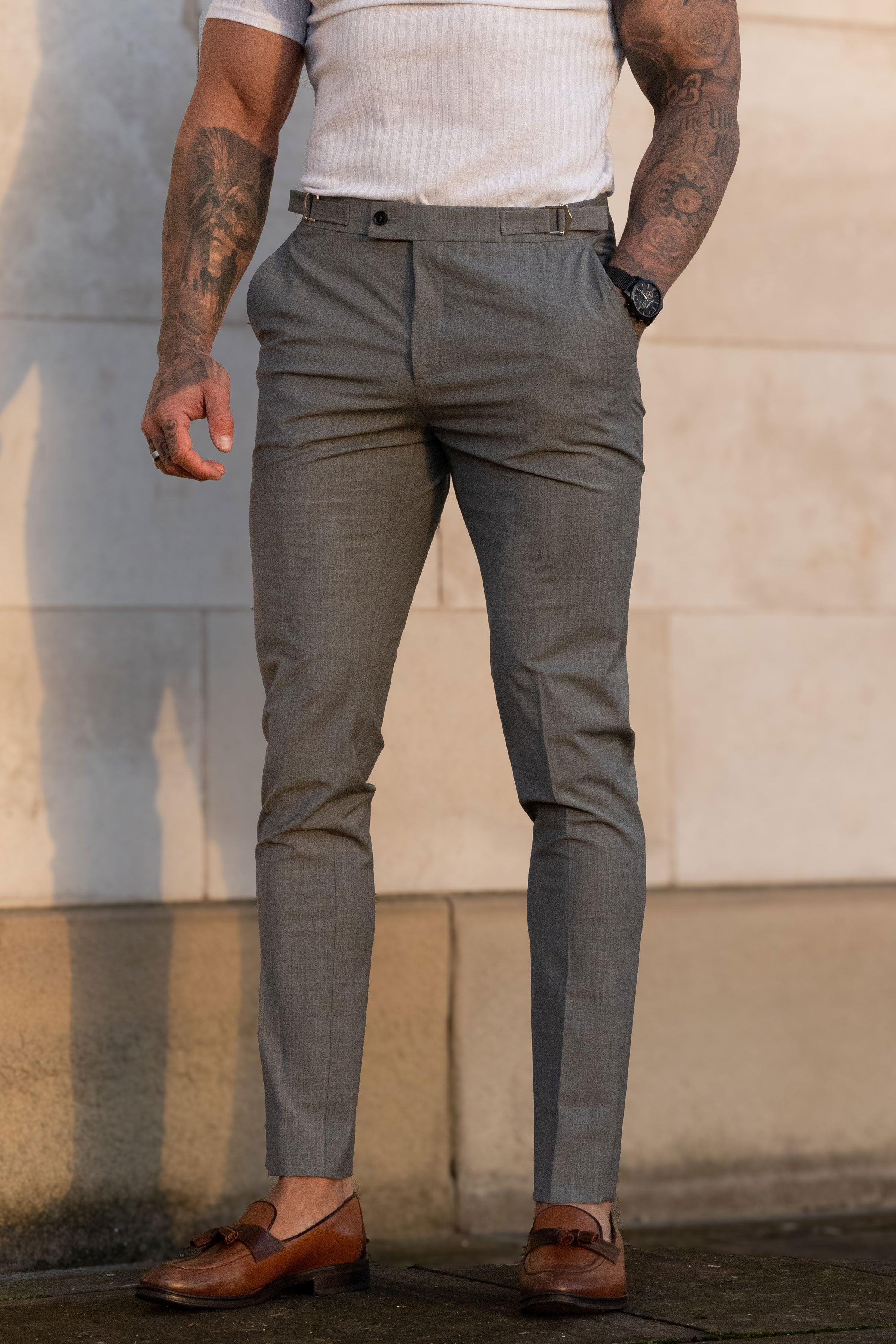 Father Sons Slim Formal Grey Marl Stretch Pants with Side Adjusters - FST021 
