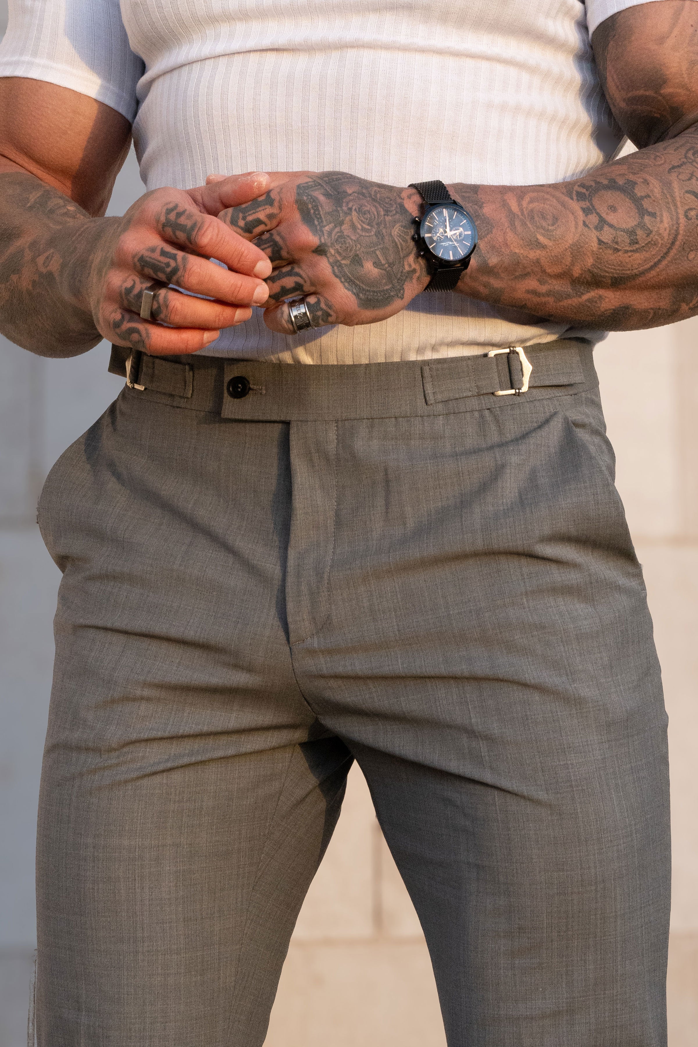 Father Sons Slim Formal Grey Marl Stretch Pants with Side Adjusters - FST021 