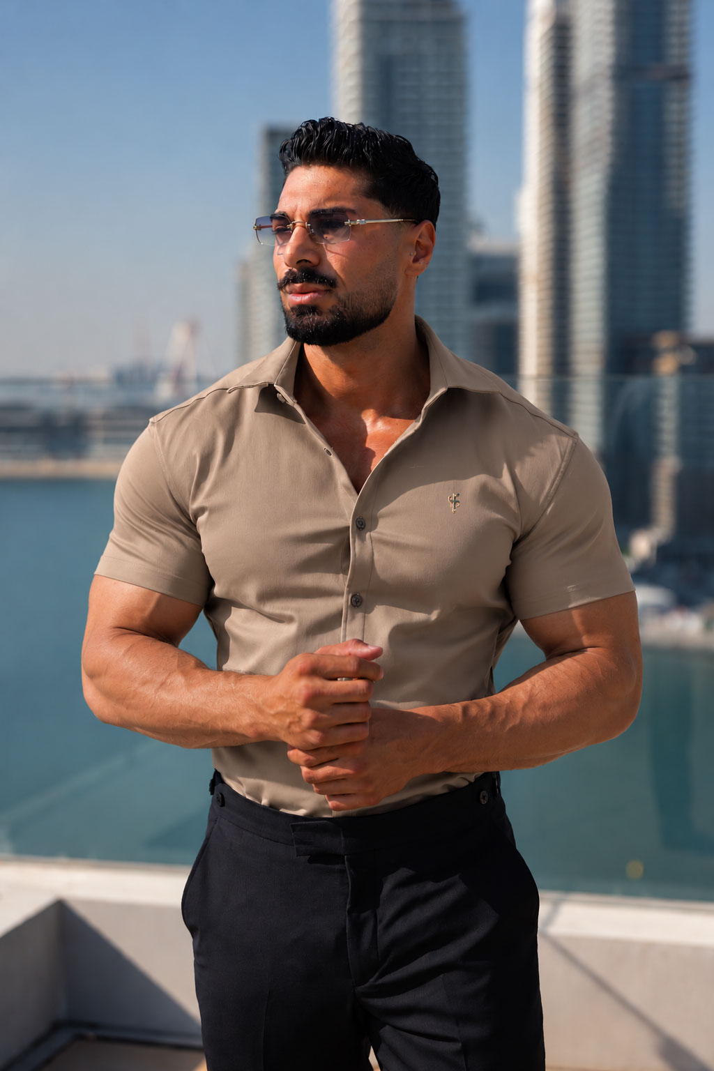 Super Slim Stretch Taupe Denim Short Sleeve with Gold Metal Decal and Cutaway Collar - FS1328  (PRE ORDER 12TH NOVEMBER)