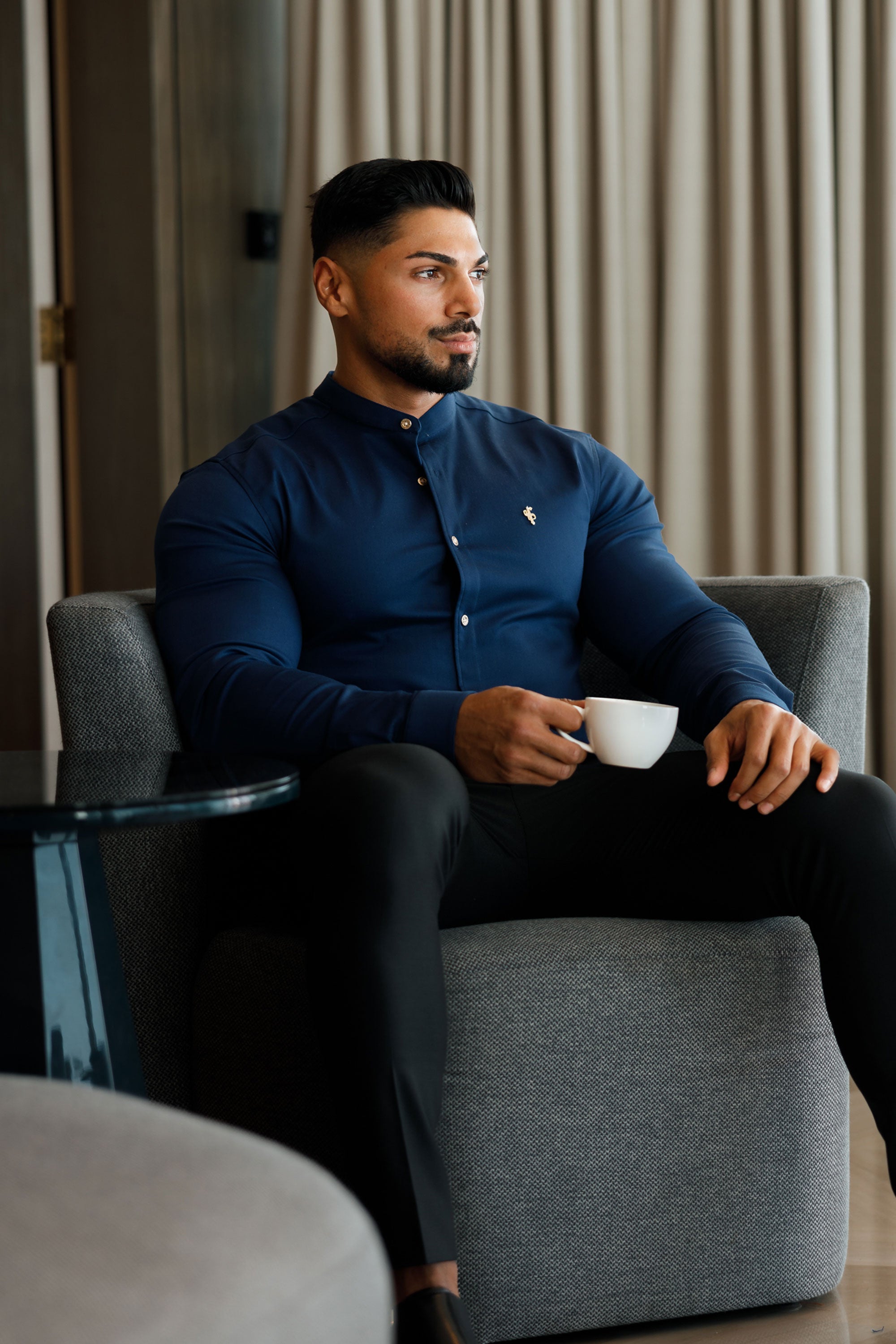 Super Slim Stretch Navy Denim Long Sleeve Grandad collar with Metal Buttons and Decal Emblem - FS713