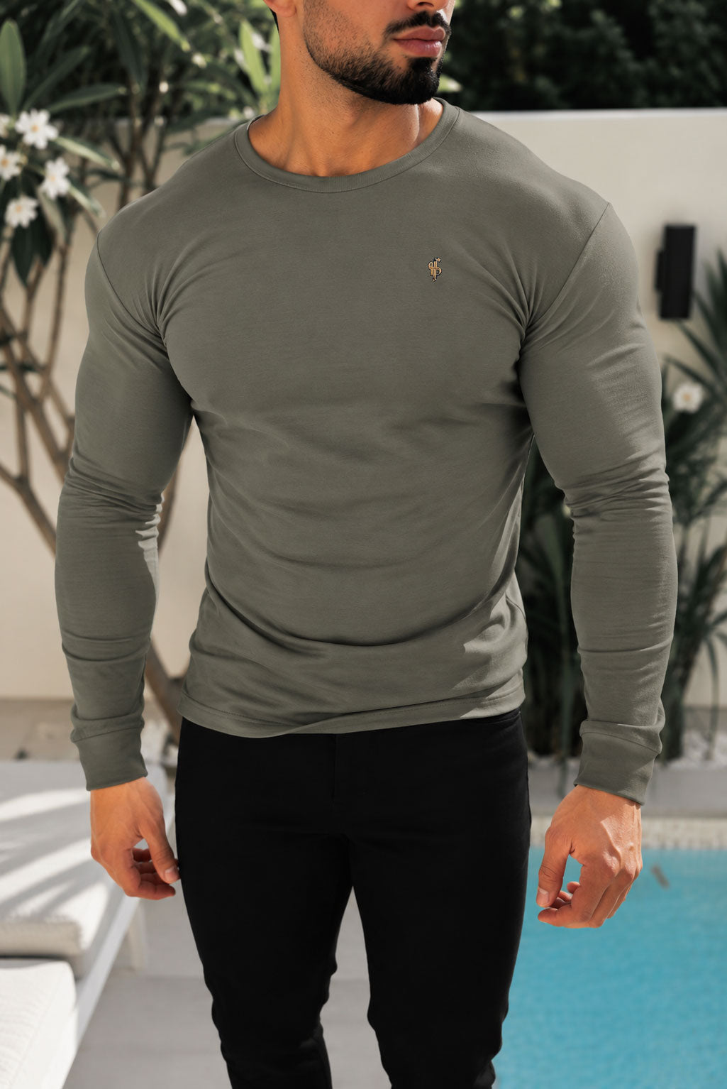 Olive / Gold Bamboo Crew T-Shirt Long Sleeve - FSH1681