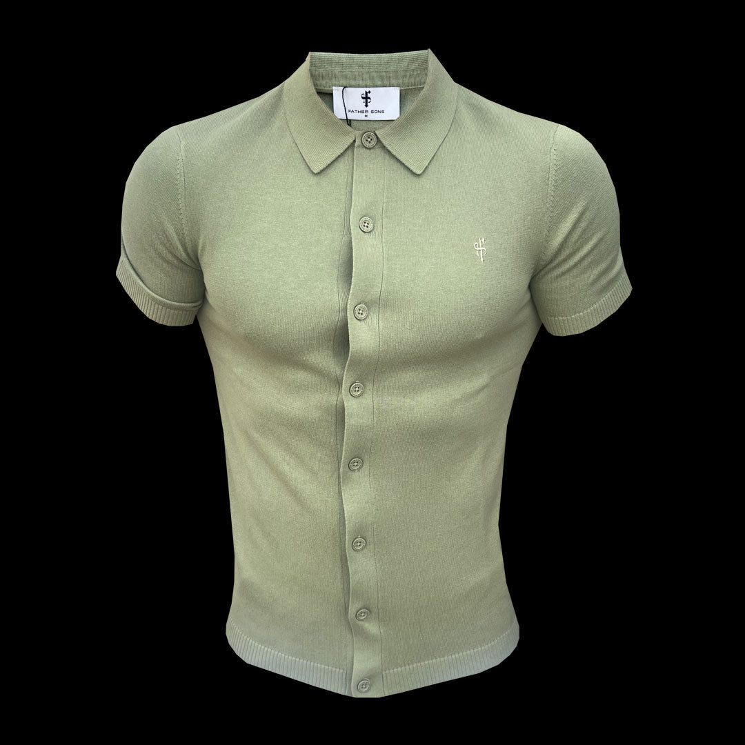 Classic Plain Olive Knitted Button Through Polo Short Sleeve - FSN162