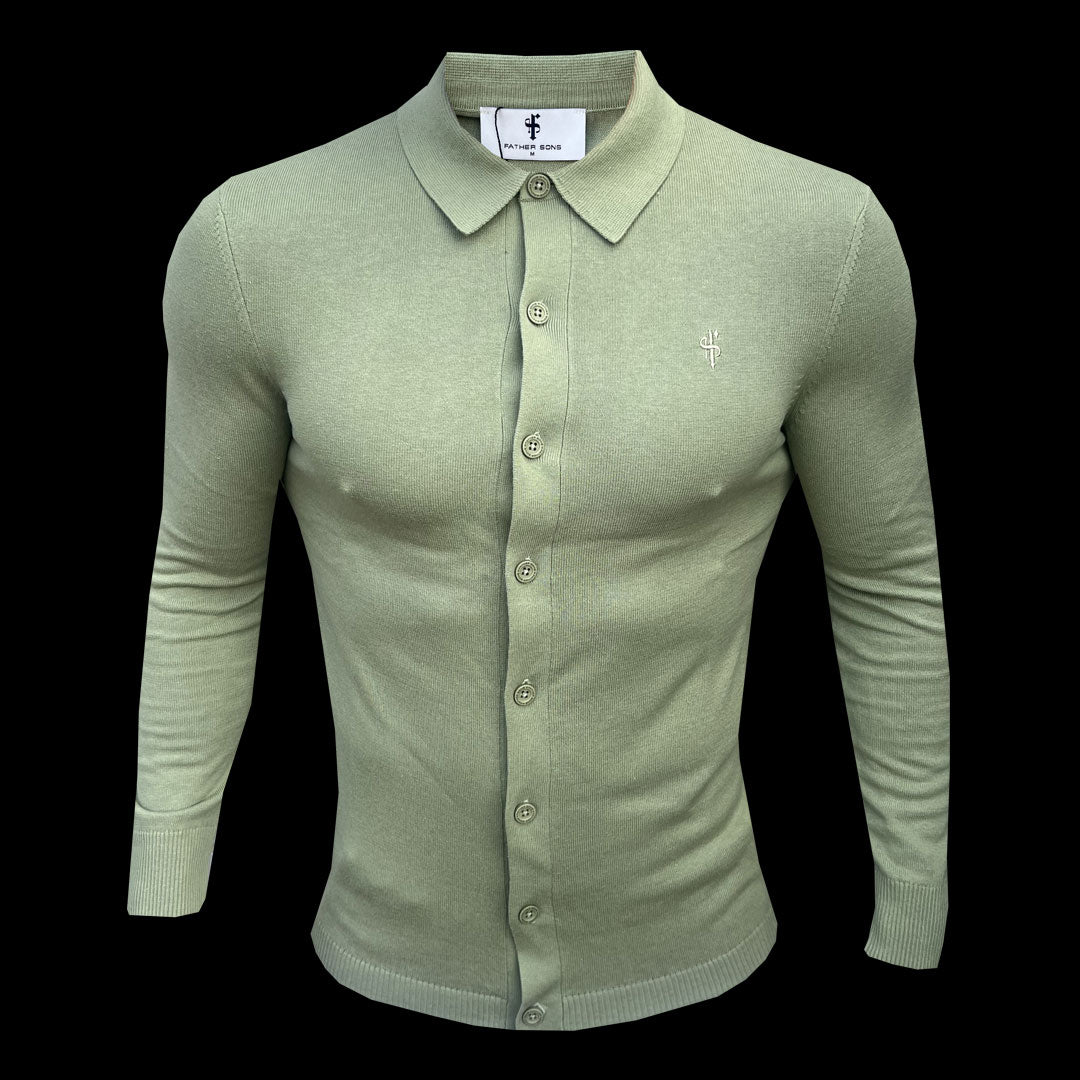 Classic Plain Olive Knitted Button Through Polo Long Sleeve - FSN170