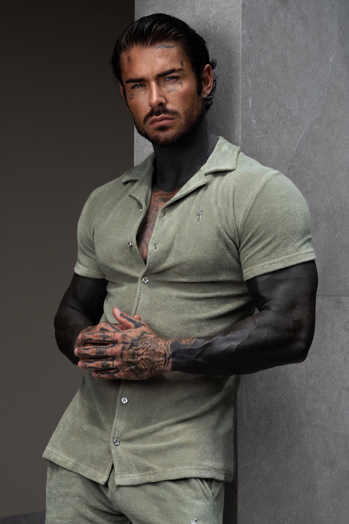 Olive Towelling Revere Shirt Short Sleeve - FSH1498