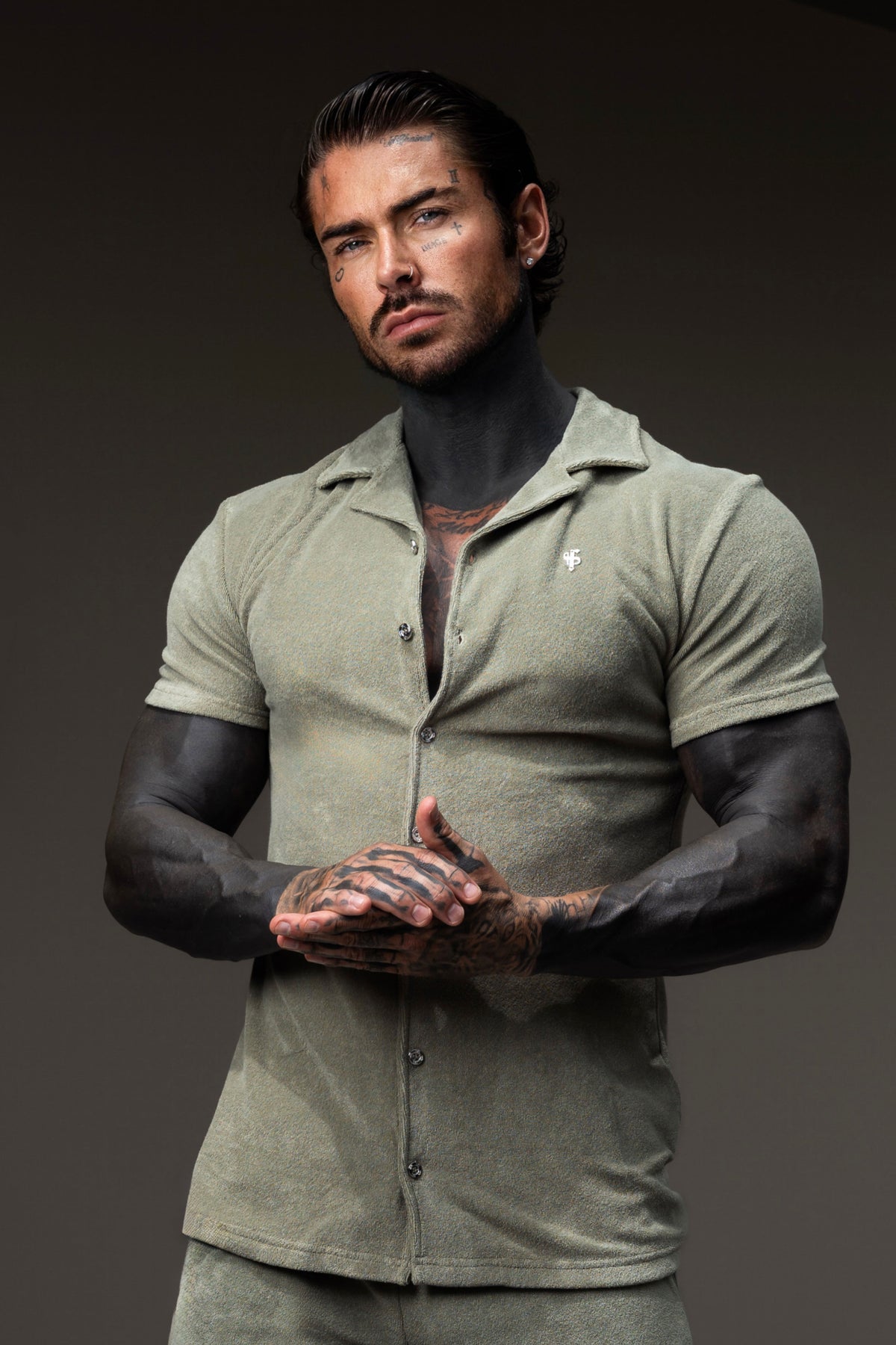 Olive Towelling Revere Shirt Short Sleeve - FSH1498