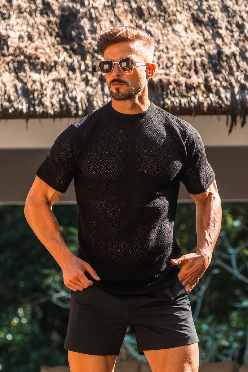 Father Sons Crochet Crew T-Shirt Black Short Sleeve - FSJ085