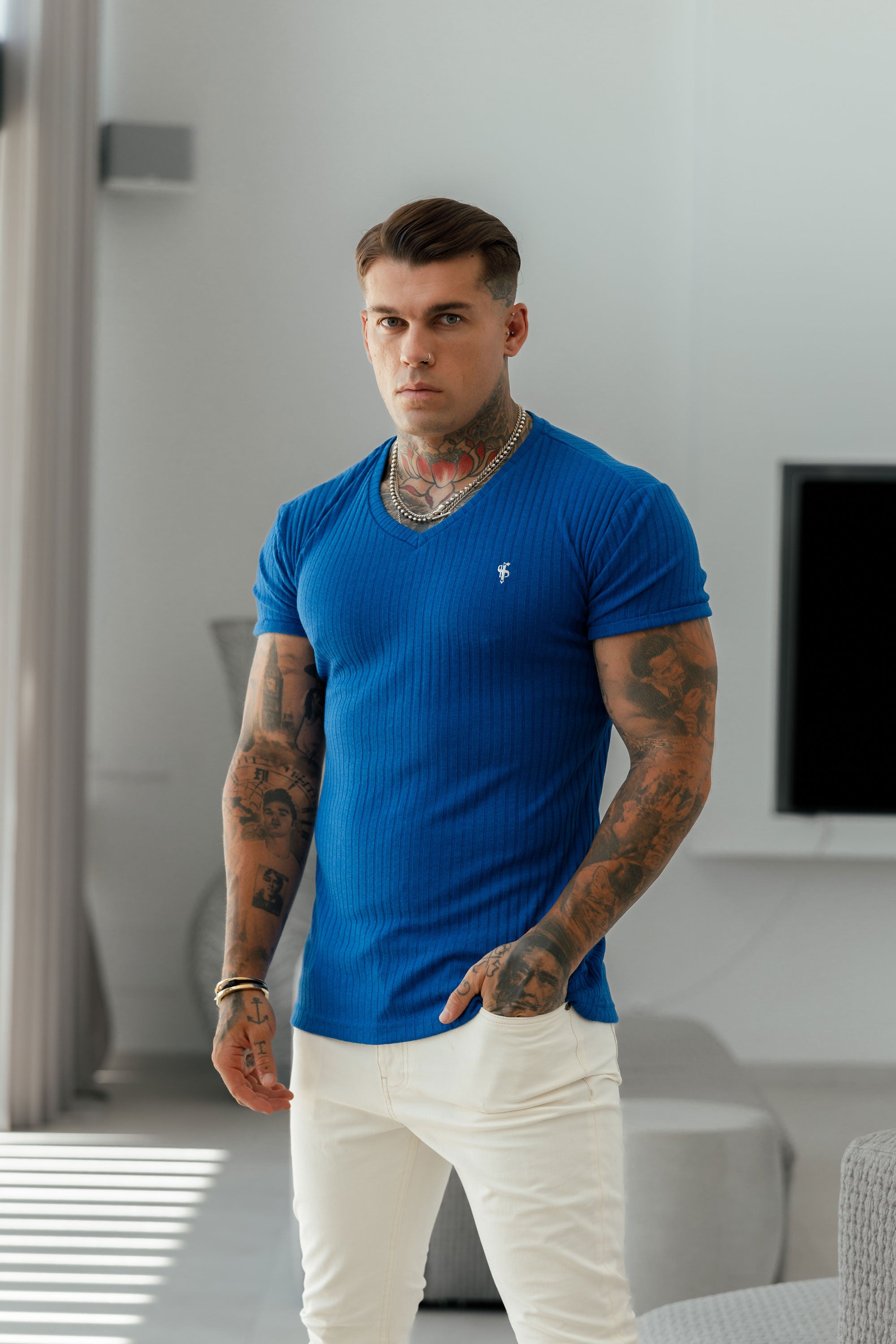Classic Royal Blue / Silver V Neck Ribbed Crew - FSH1132