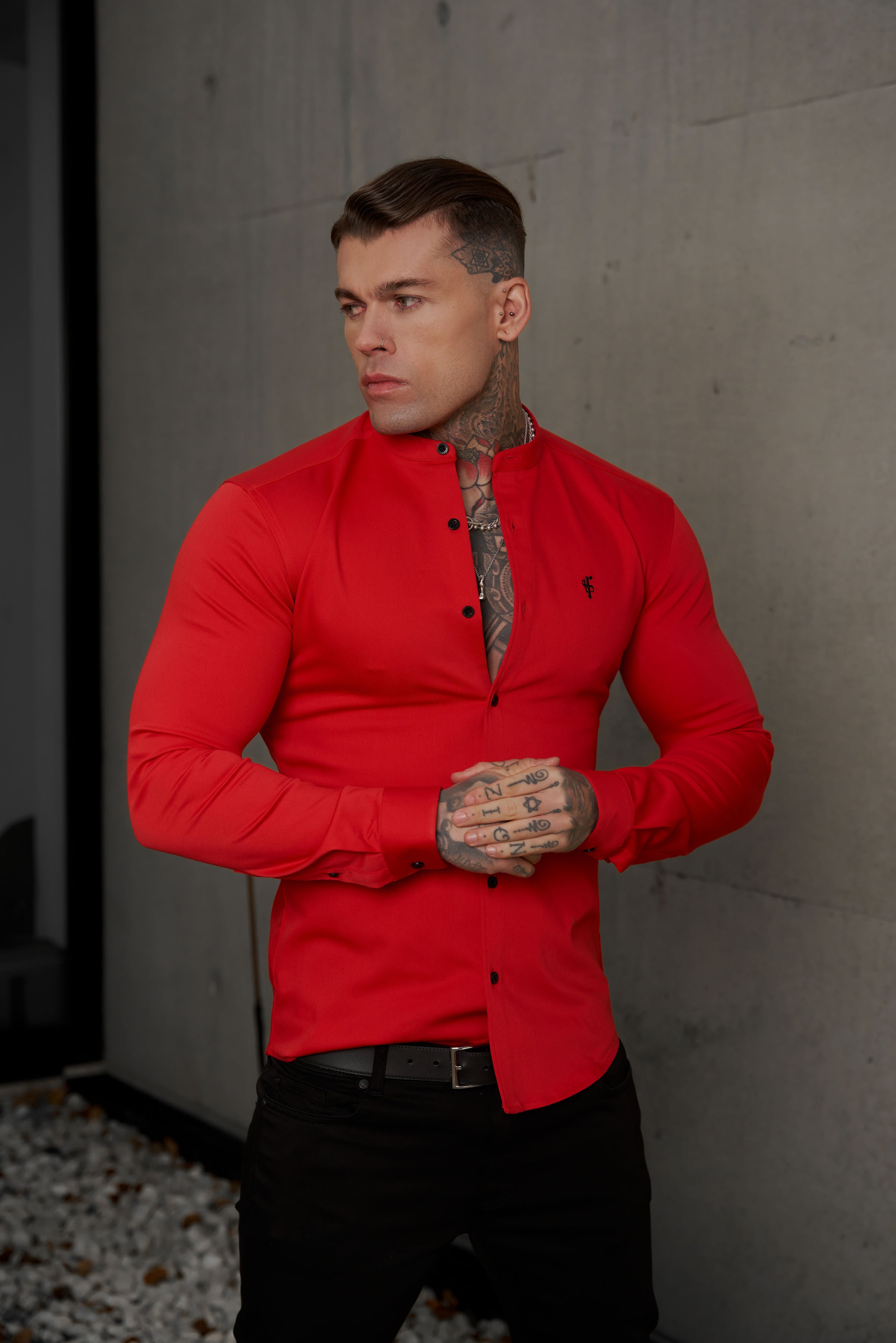 Super Slim Denim Red Long Sleeve Stretch with Grandad Collar - FS1039