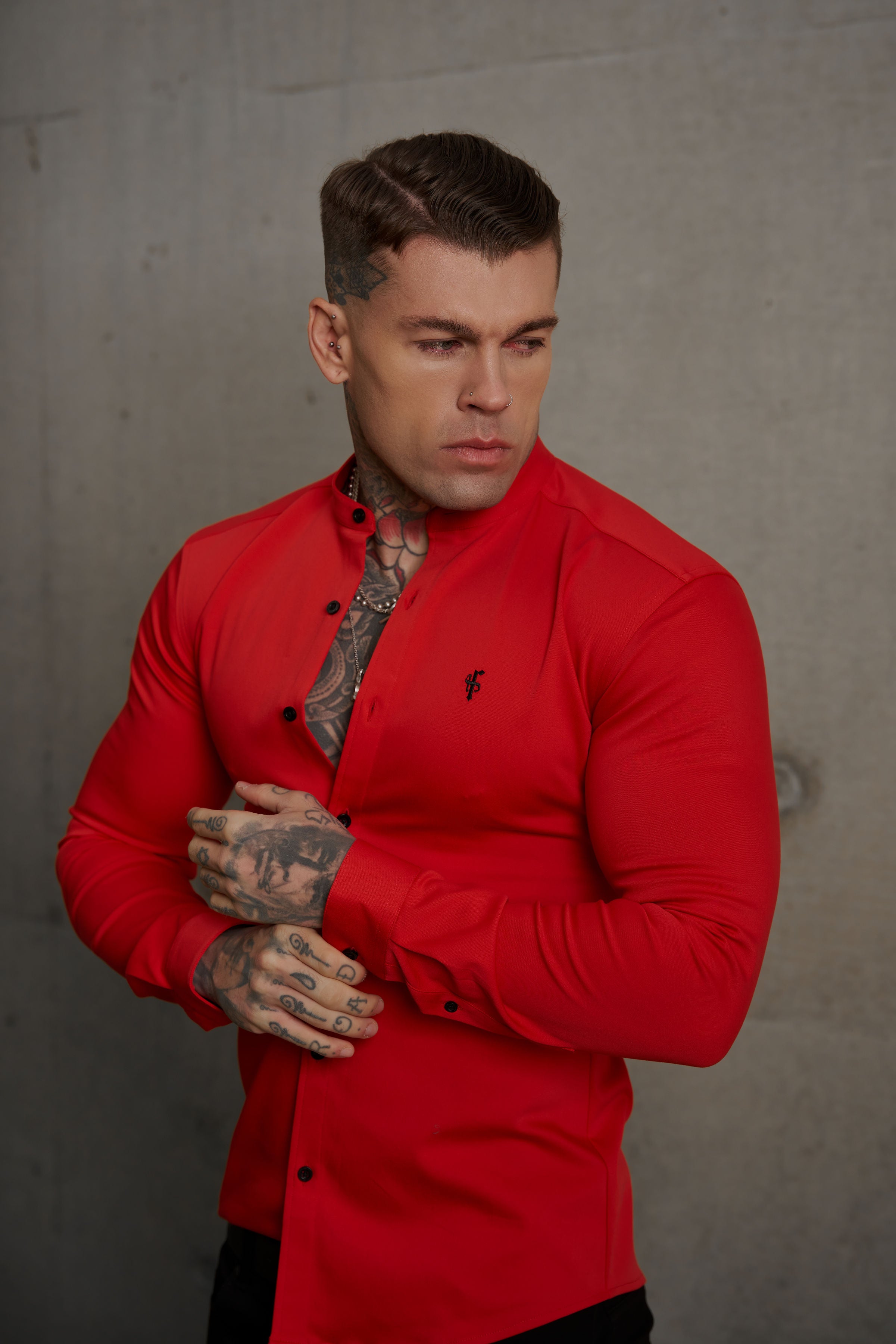 Super Slim Denim Red Long Sleeve Stretch with Grandad Collar - FS1039