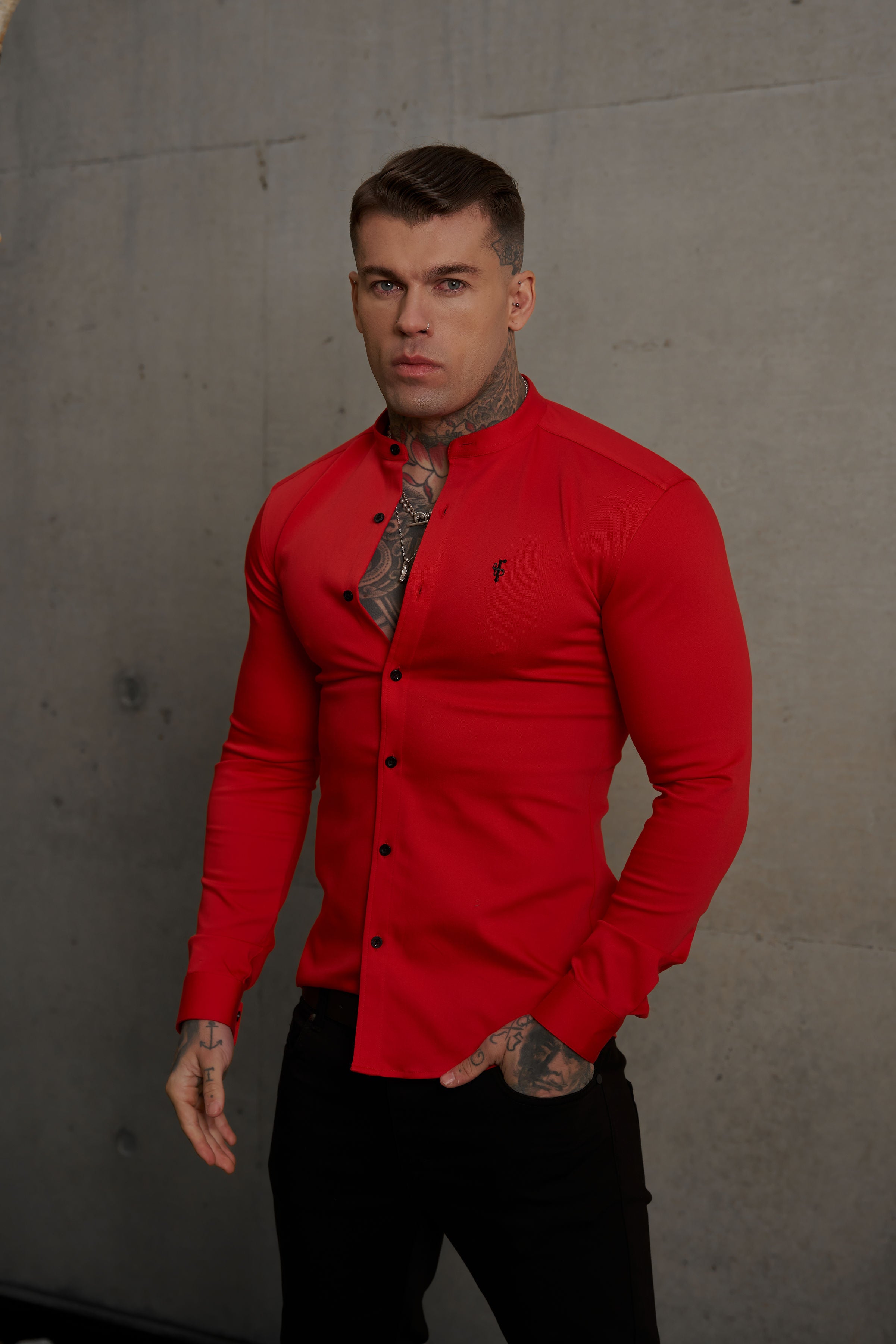 Super Slim Denim Red Long Sleeve Stretch with Grandad Collar - FS1039