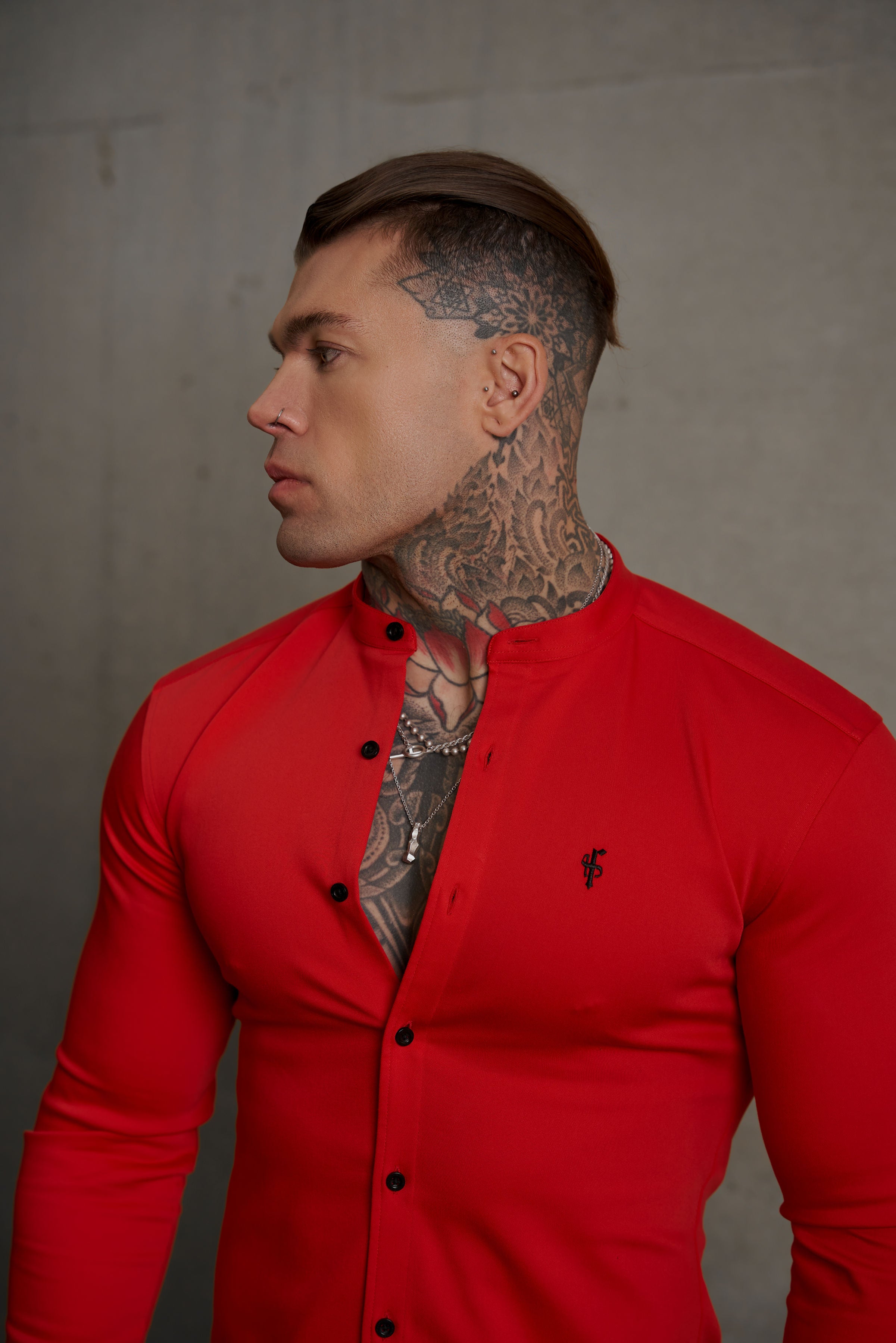 Super Slim Denim Red Long Sleeve Stretch with Grandad Collar - FS1039