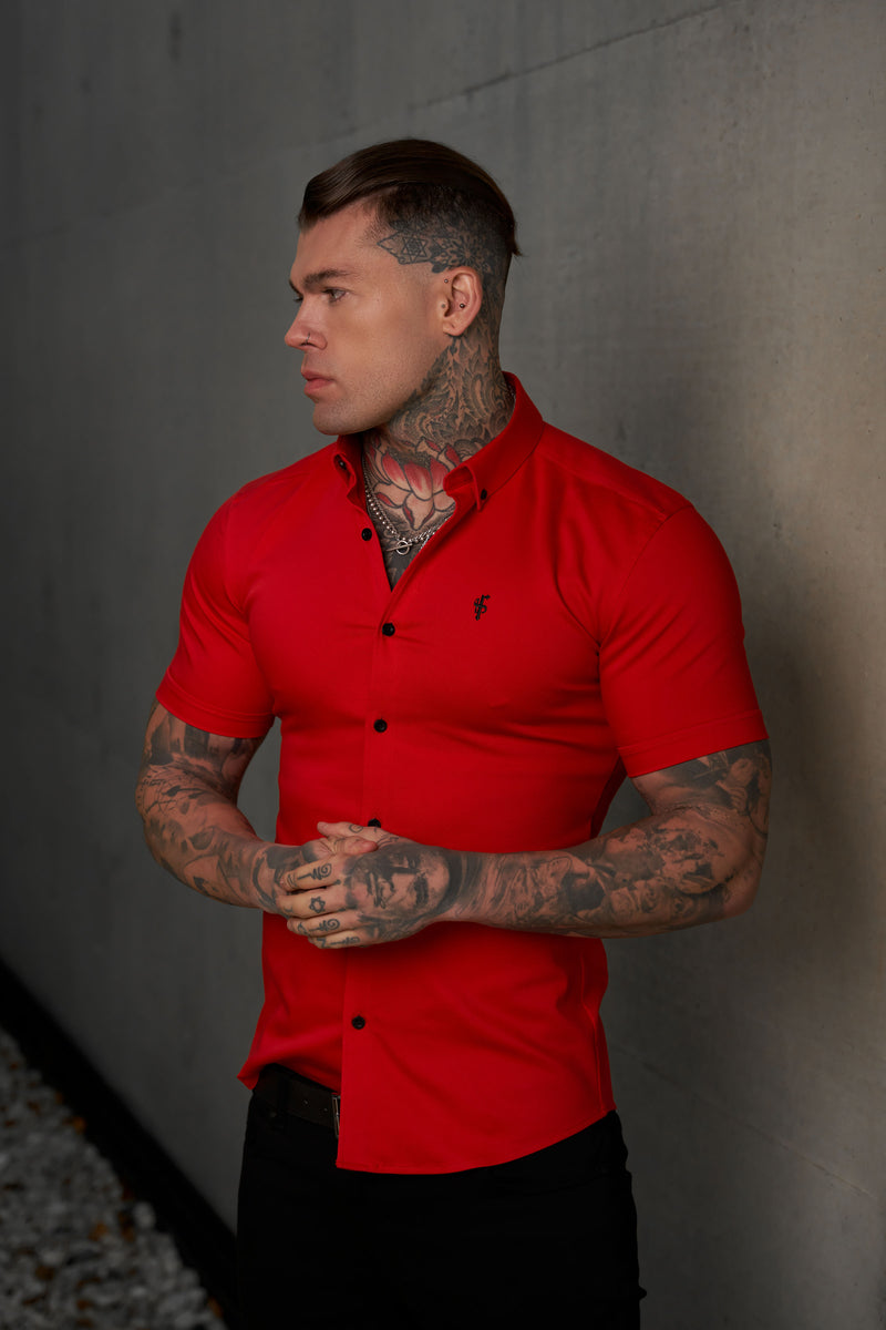 Father Sons Super Slim Denim Red Short Sleeve Stretch with Button Down Collar - FS1038