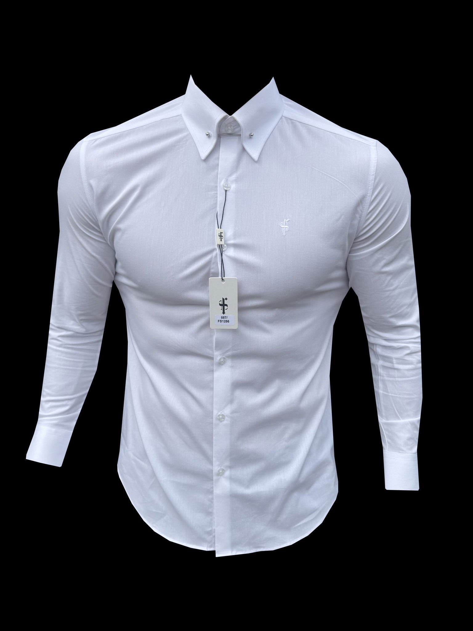 Classic Stretch White Shirt with Silver Pin Collar - FS1256