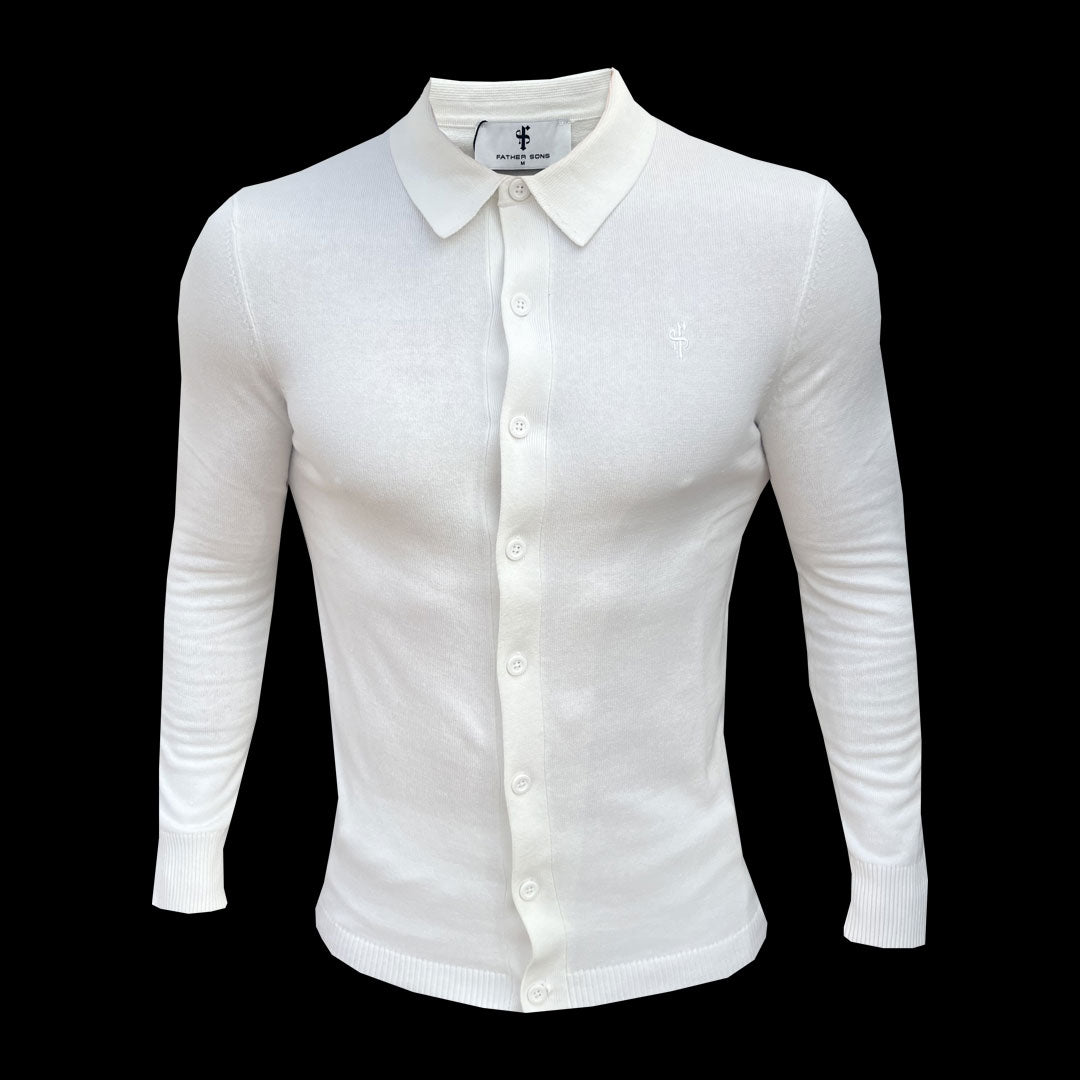 Classic Plain Off White Knitted Button Through Polo Long Sleeve - FSN172
