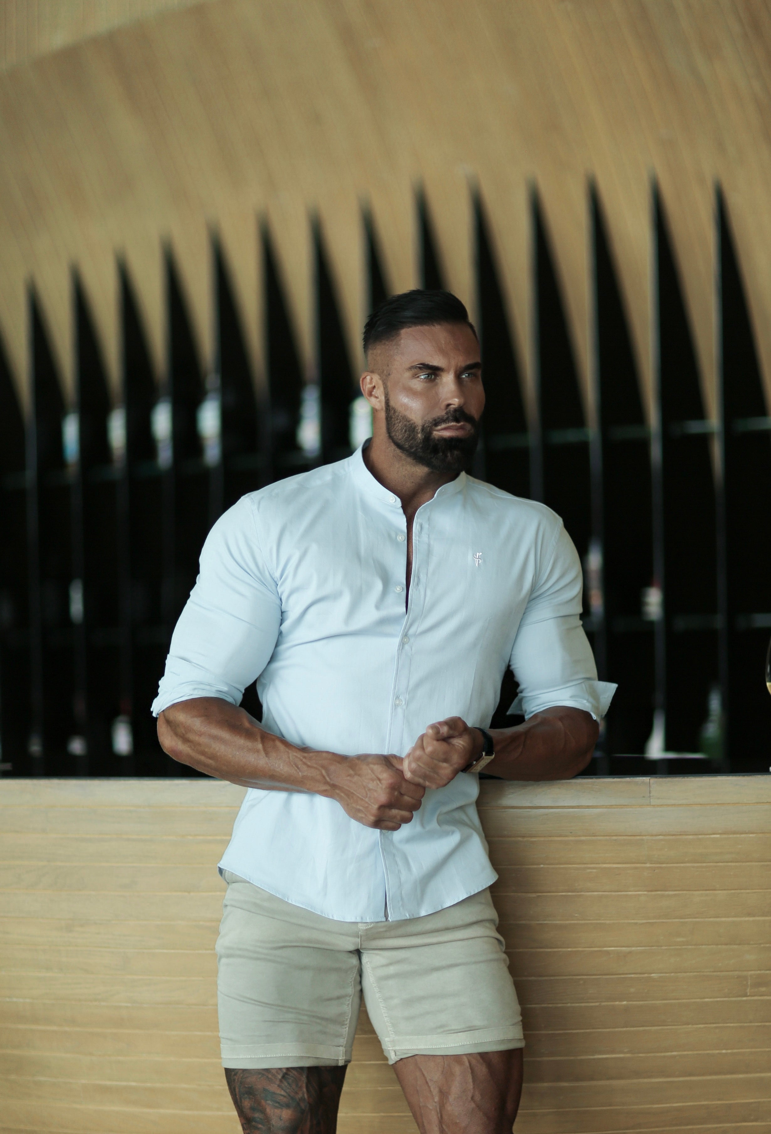 Super Slim Stretch Classic Oxford Light Blue with Grandad Collar - FS938