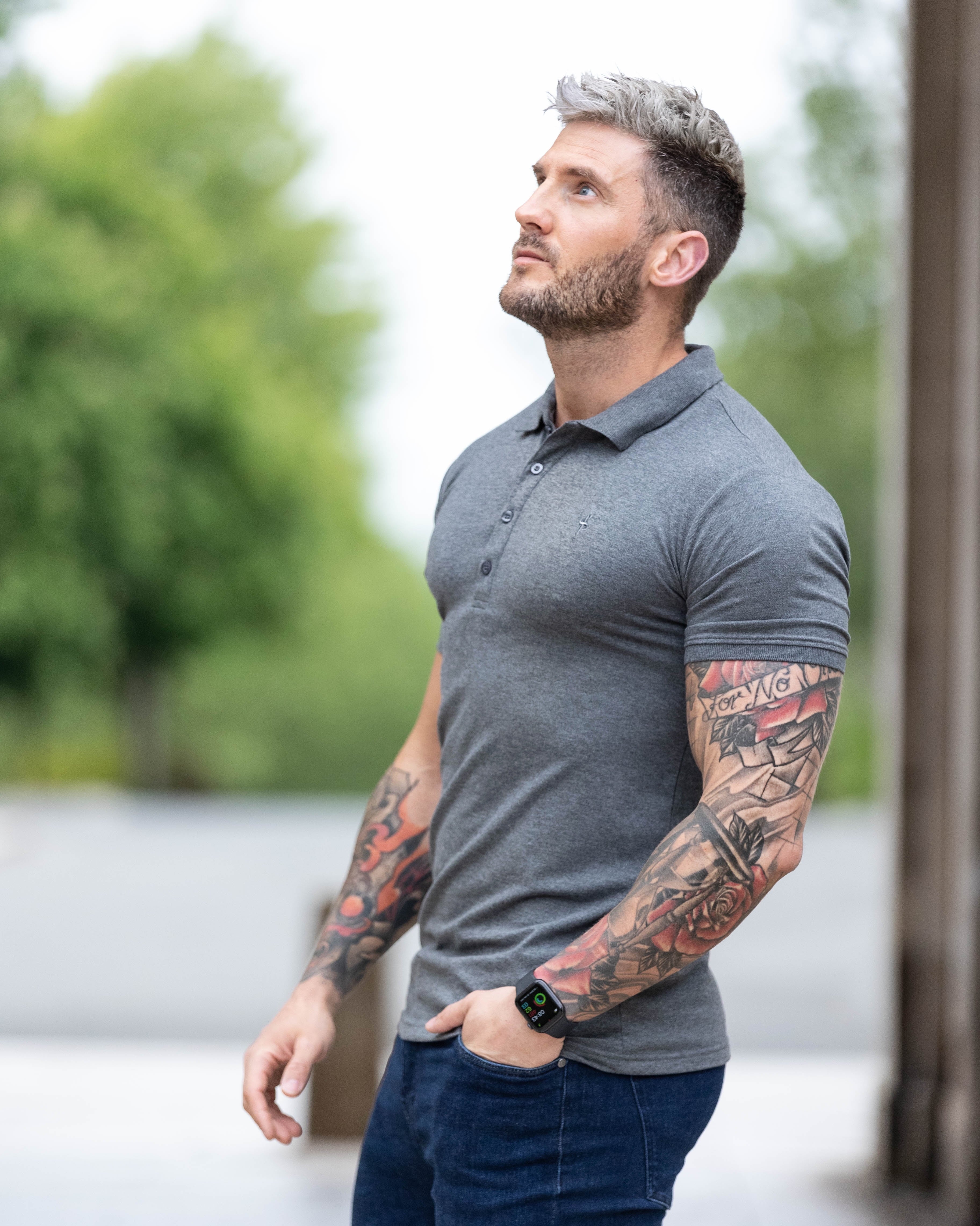 Classic Dark Grey Polo Shirt with Tonal Button and Embroidery - FSH826