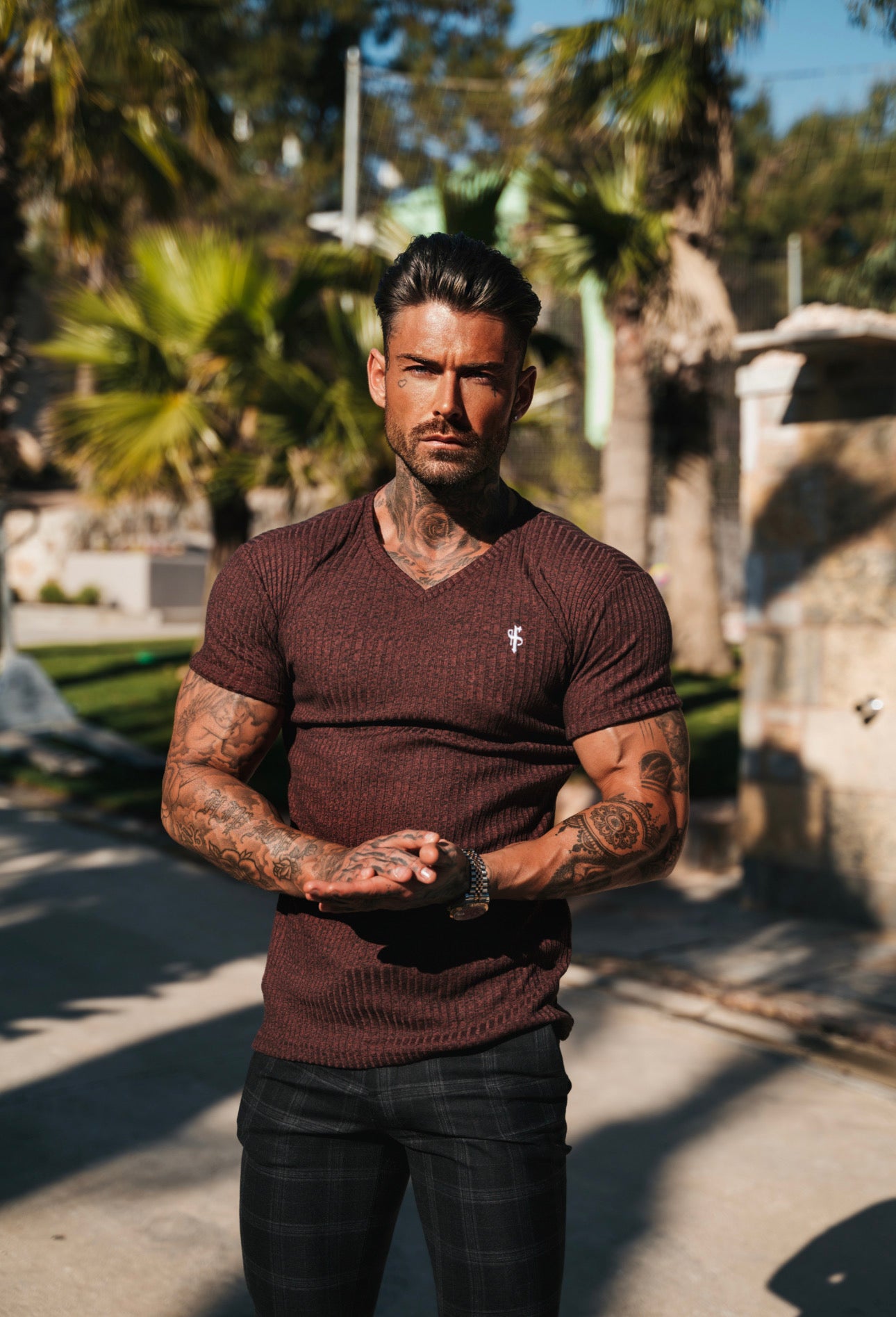 Classic Burgundy / White V Neck Ribbed Short Sleeve - FSH768