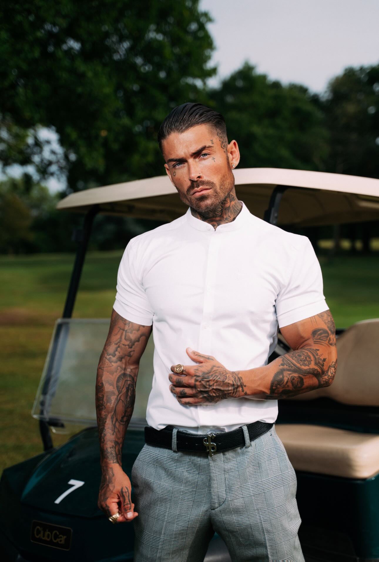 Super Slim Stretch Classic All White Grandad Collar Short Sleeve - FS580