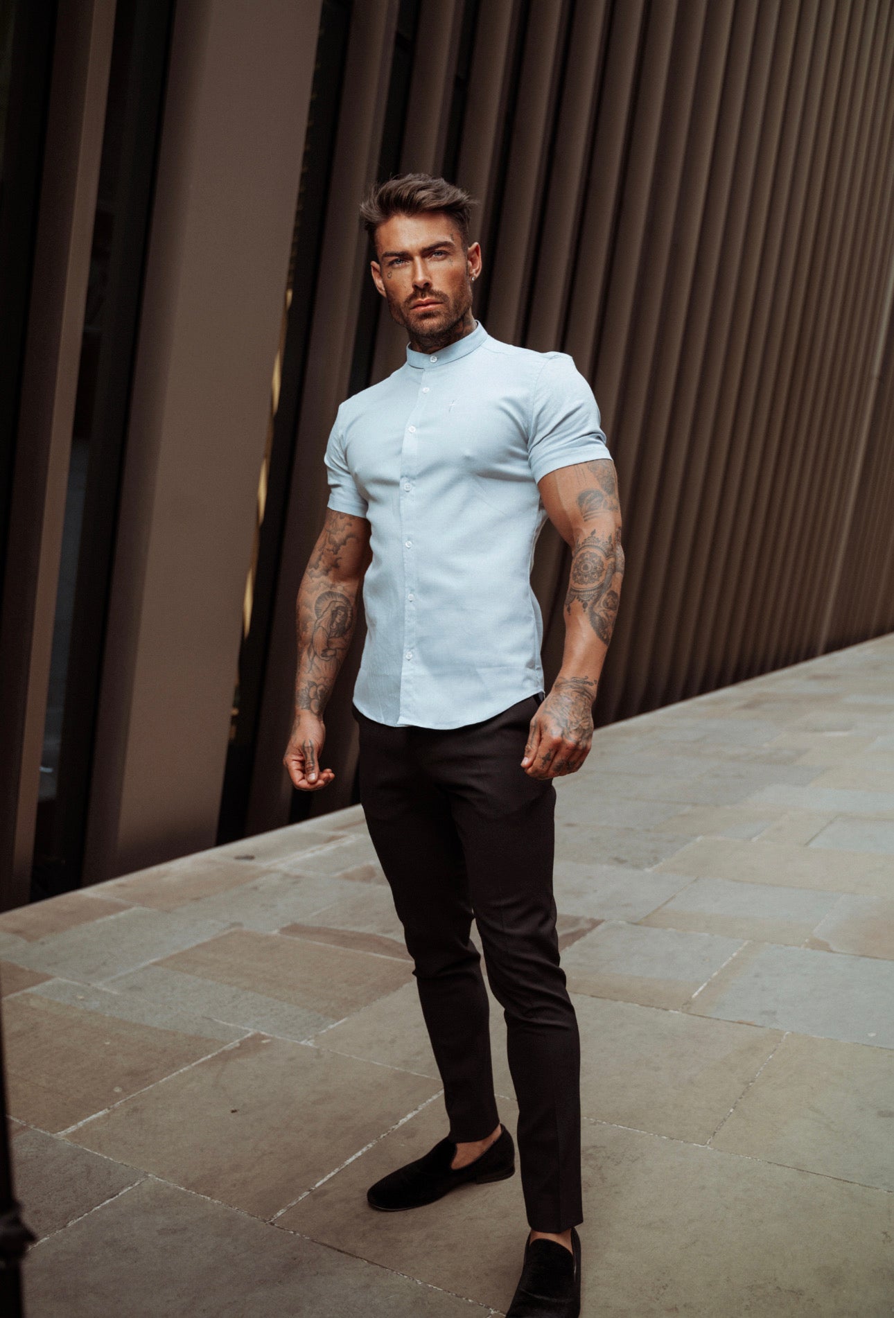 Super Slim Stretch Classic Oxford Light Blue Short Sleeve with Grandad Collar - FS937