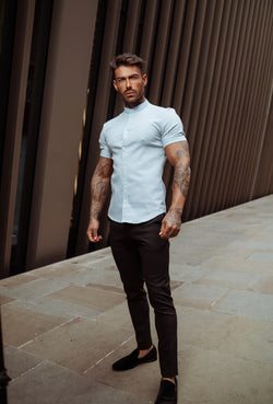 Father Sons Super Slim Stretch Classic Oxford Light Blue Short Sleeve with Grandad Collar - FS937