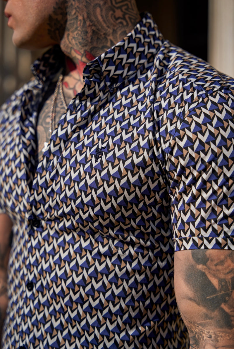 Father Sons Super Slim Stretch Blue / Beige Chevron Print Short Sleeve with Button Down Collar - FS903