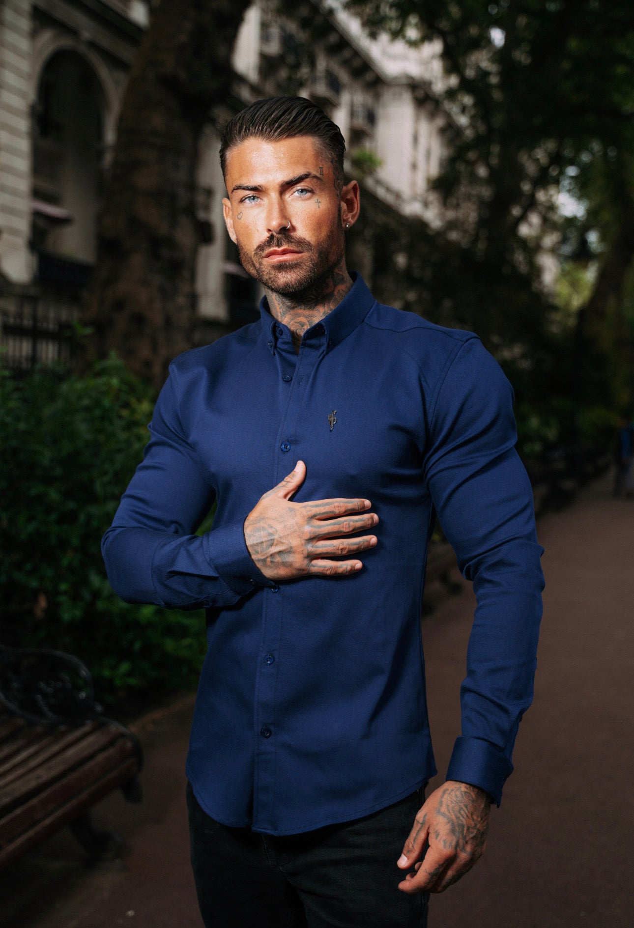 Super Slim Stretch Navy Denim Long Sleeve with Metal Decal Emblem - FS636