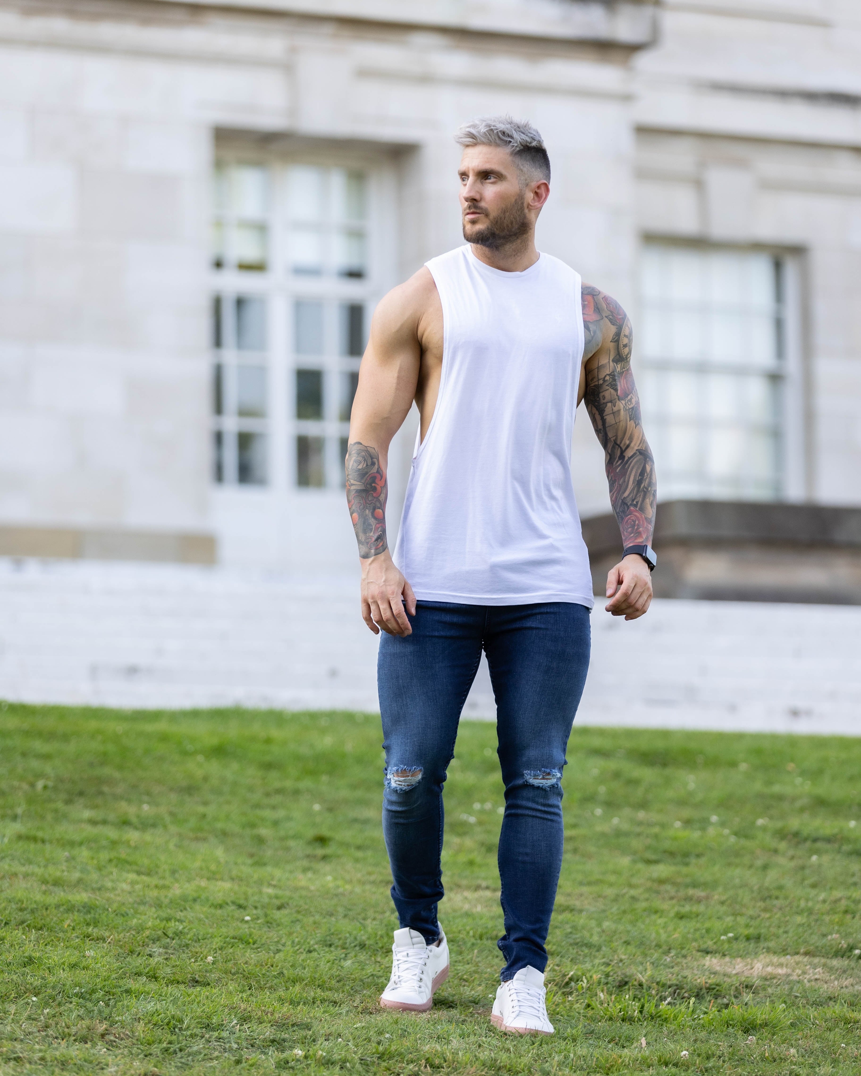 Ultra Stretch Navy Slim Jeans with Knee Rips - FSJEAN004