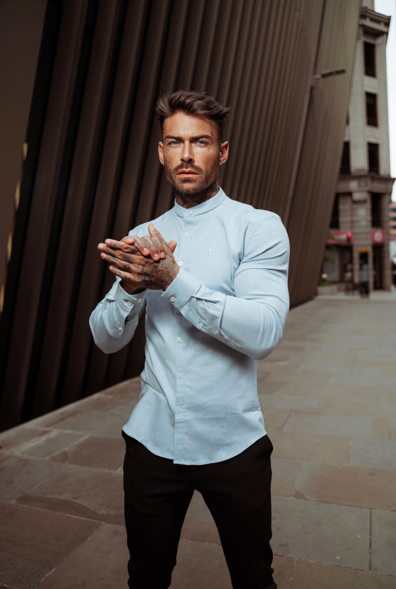 Super Slim Stretch Classic Oxford Light Blue with Grandad Collar - FS938